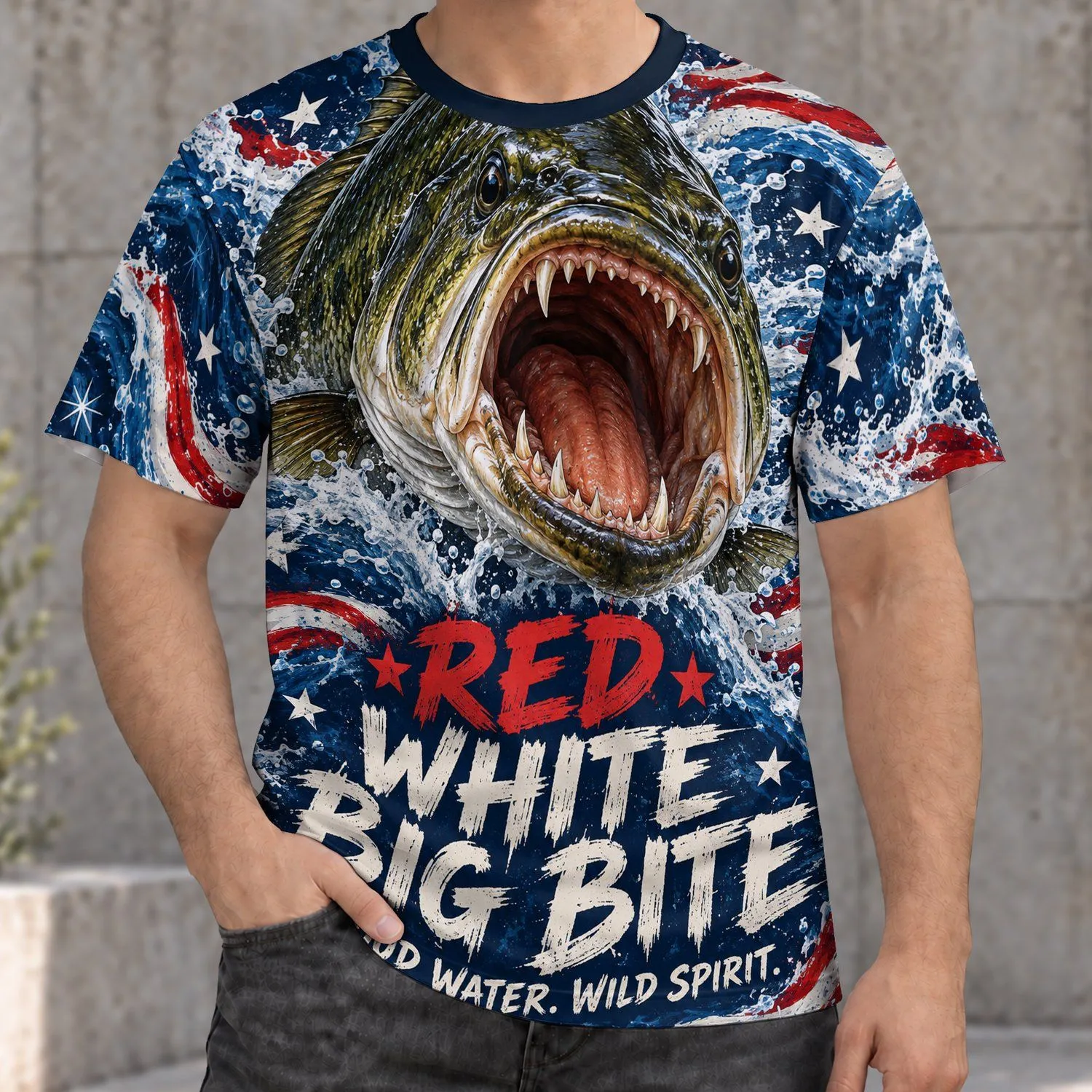 Explosive Bass Fishing Waters for Patriotic Anglers and Summer Lake Adventures Outdoors All-over Print Unisex T-shirt - 1