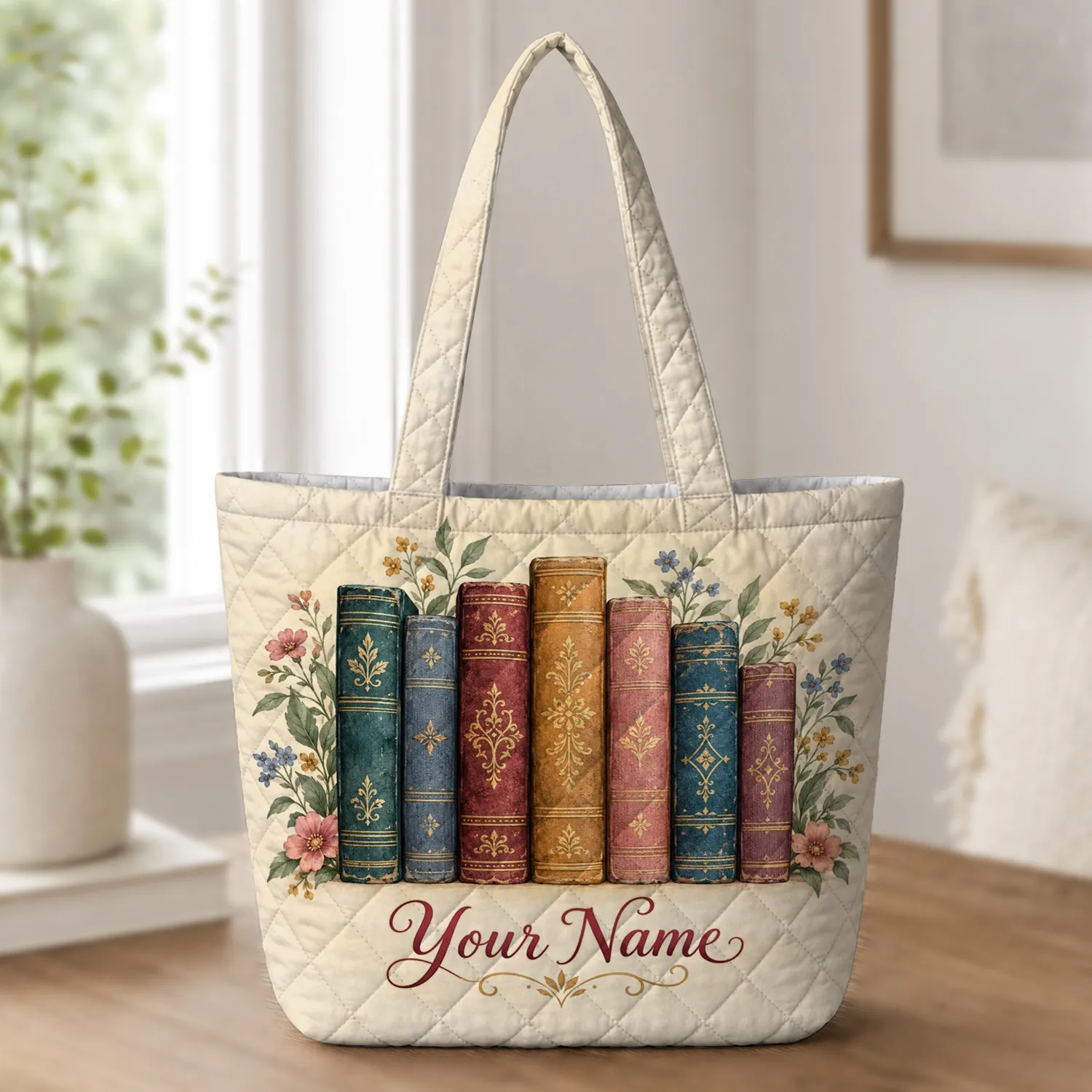 Vintage Book Spines with Botanical Blooms for Reading Nooks and Teacher Gifts for Readers Quilted Tote Bag - 1