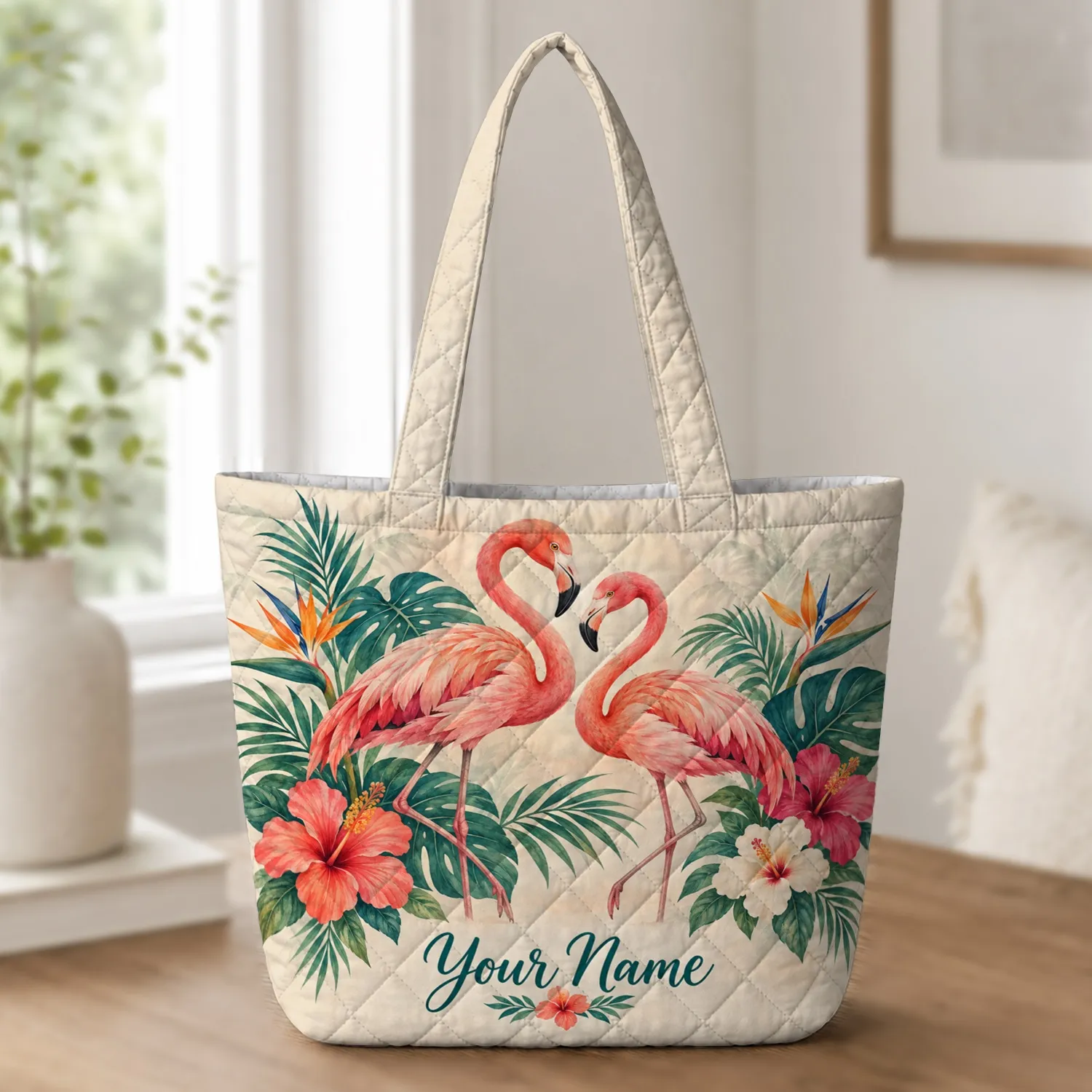 Coral Flamingos And Tropical Hibiscus For Summer Beach Days And Her Quilted Tote Bag - 1