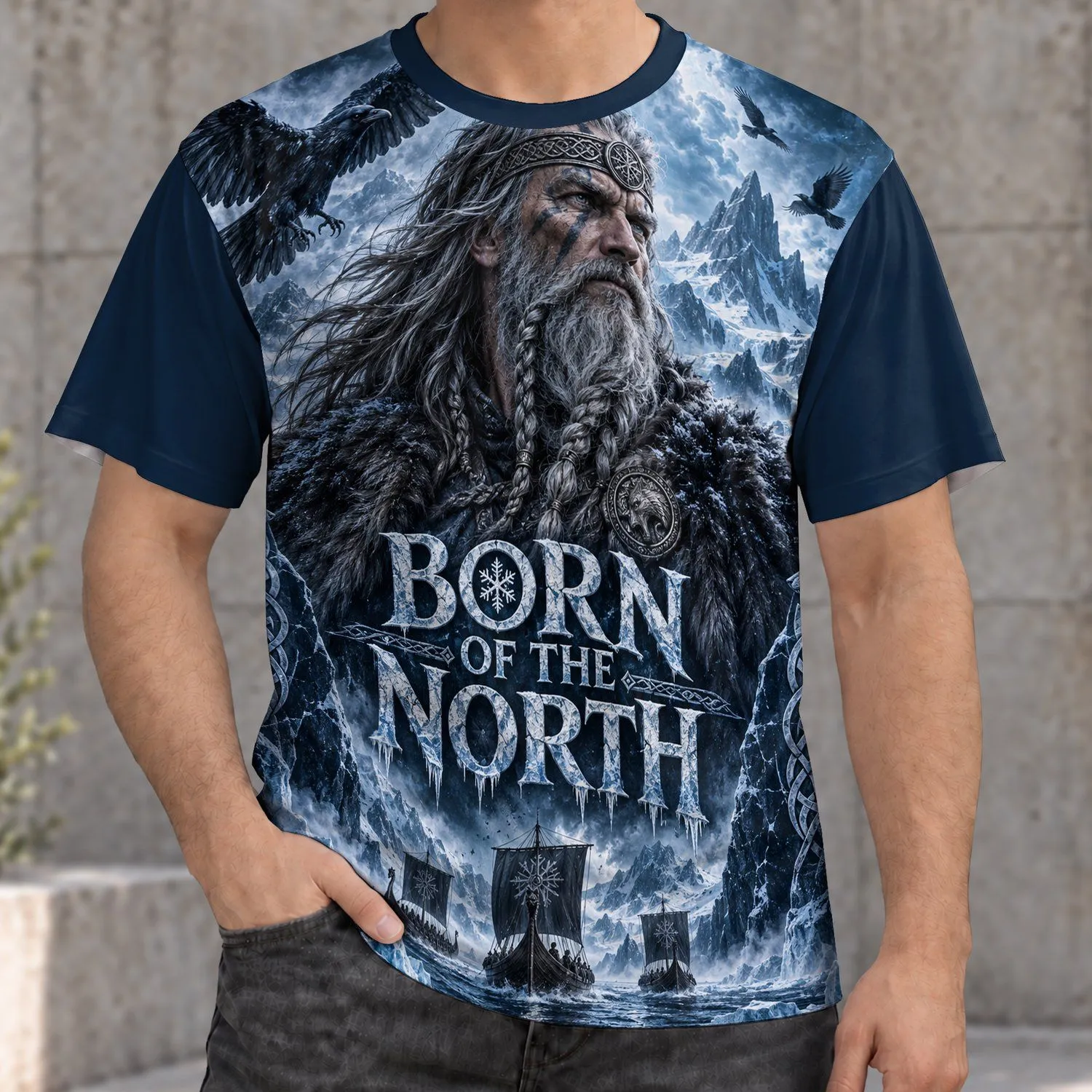 Bearded Norse Warrior and Frozen Longships for Winter Adventure Enthusiasts All-over Print Unisex T-shirt - 1