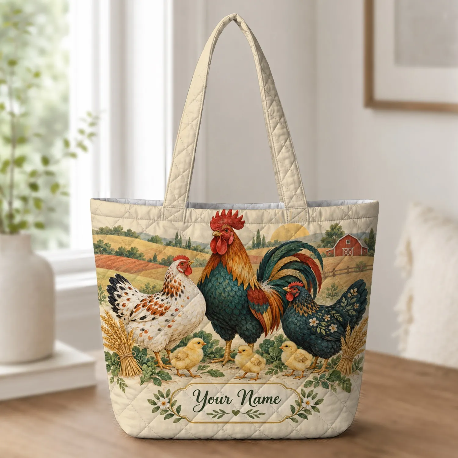 Colorful Rooster and Hen Farmyard Scene for Rustic Country Living and Chicken Lovers Quilted Tote Bag - 1