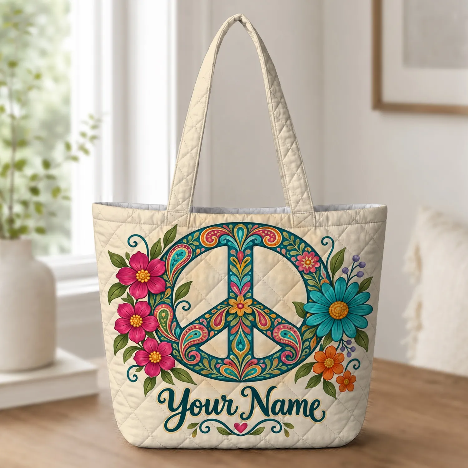 Floral Peace Sign Boho Style for Festivals and Everyday Gifts for Her Quilted Tote Bag - 1