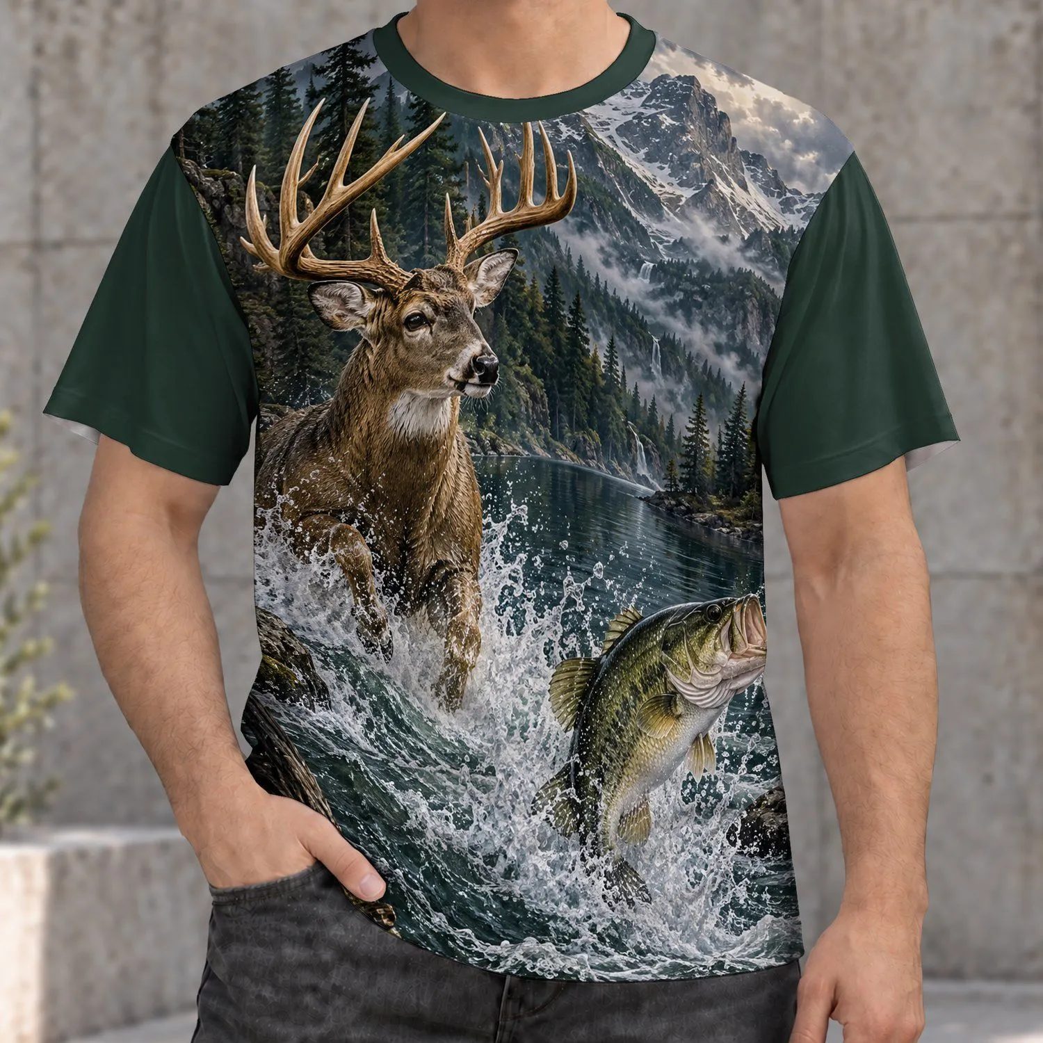 Deer And Bass Wilderness Scene For Fishing And Hunting Adventures All-over Print Unisex T-shirt - 1