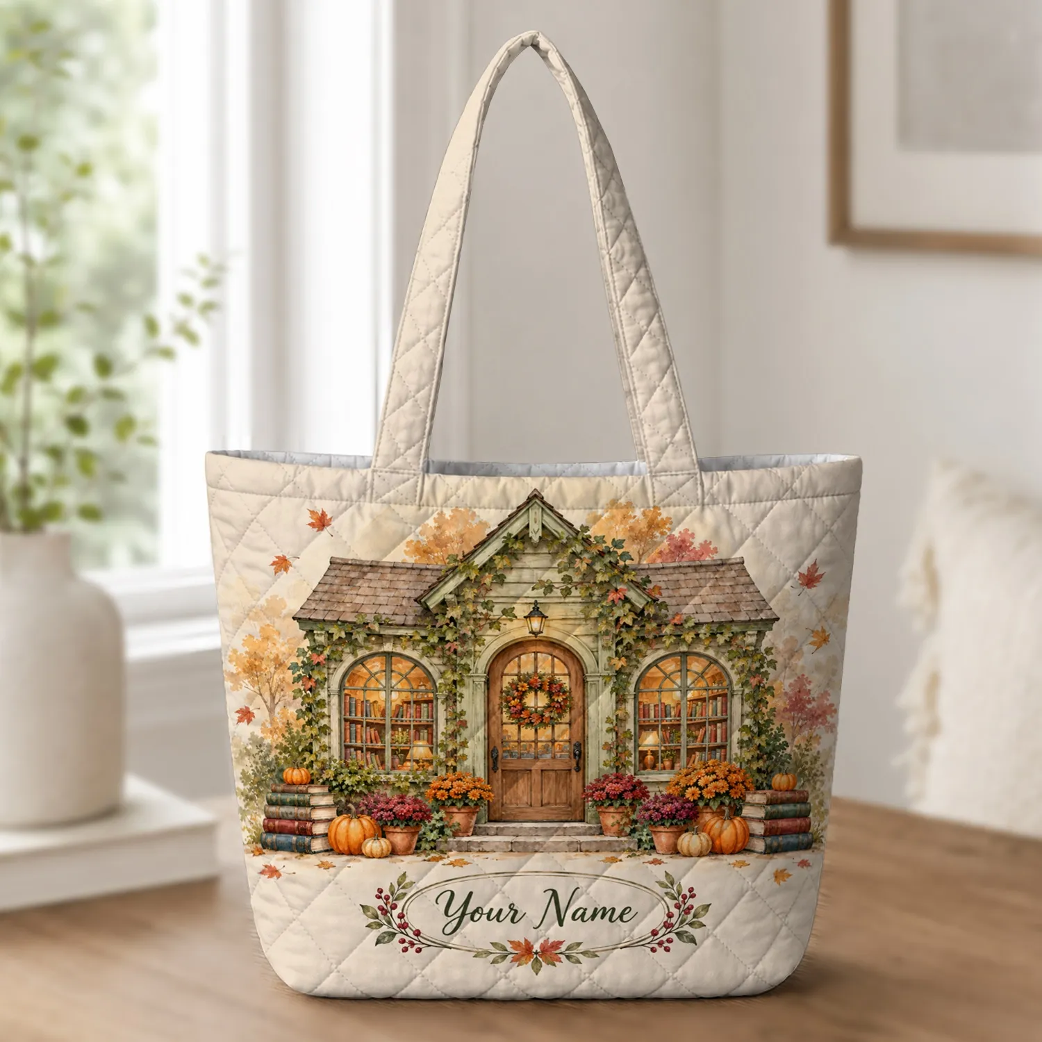 Autumn Library With Books And Pumpkins For Cozy Fall Reading Gifts For Teachers Quilted Tote Bag - 1