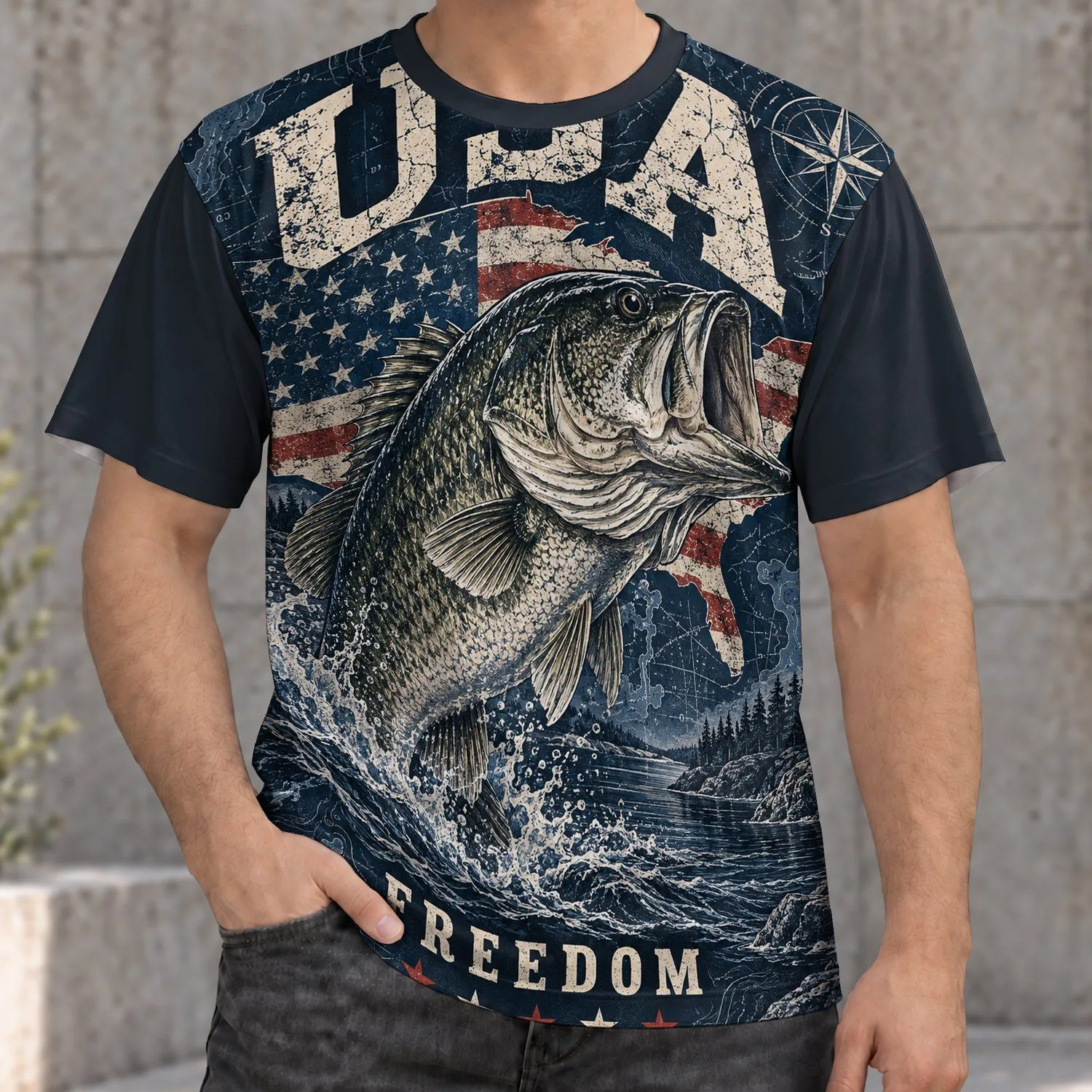 Largemouth Bass And Vintage Flag For Fishing Trips And Outdoor Adventures All-over Print Unisex T-shirt - 1