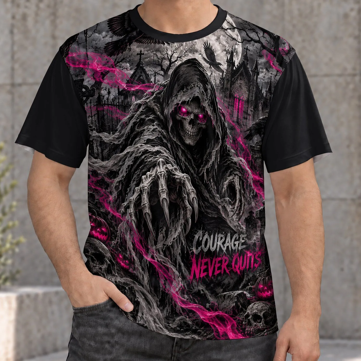 Hooded Grim Reaper And Pink Ribbons For Courage-Focused Everyday Wear And Halloween All-over Print Unisex T-shirt - 1