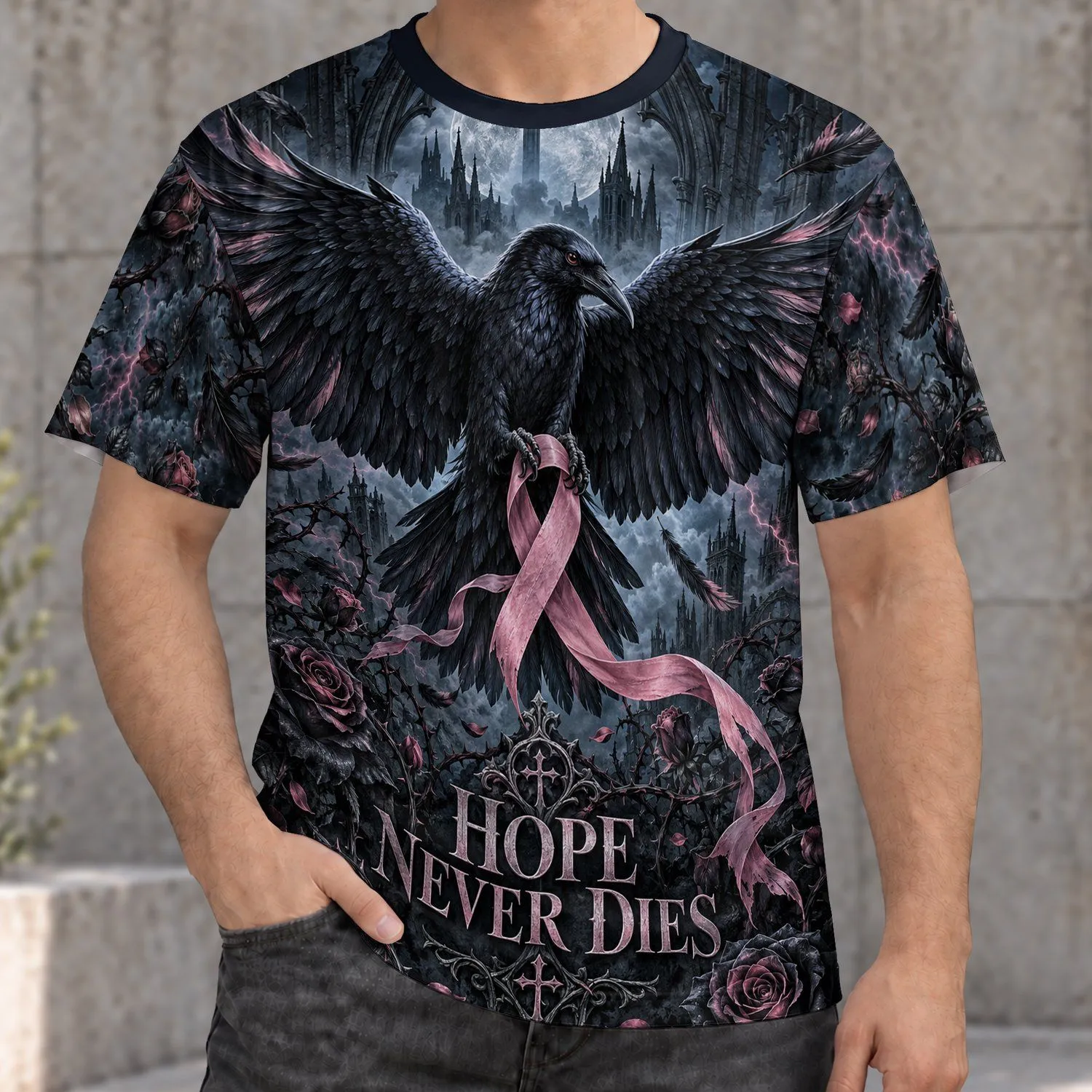 Gothic Raven, Pink Hope Ribbon and Moonlit Cathedral for Dark Romantic Everyday Style All-over Print Unisex T-shirt - 1