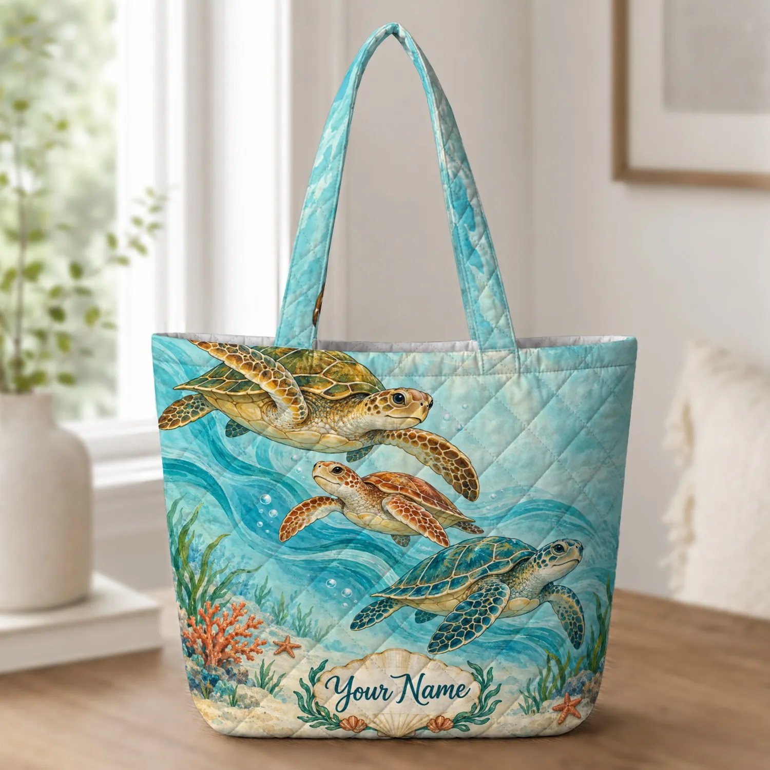 Sea Turtle Ocean Scene for Beach Days and Coastal Getaways for Marine Life Lovers Quilted Tote Bag - 1