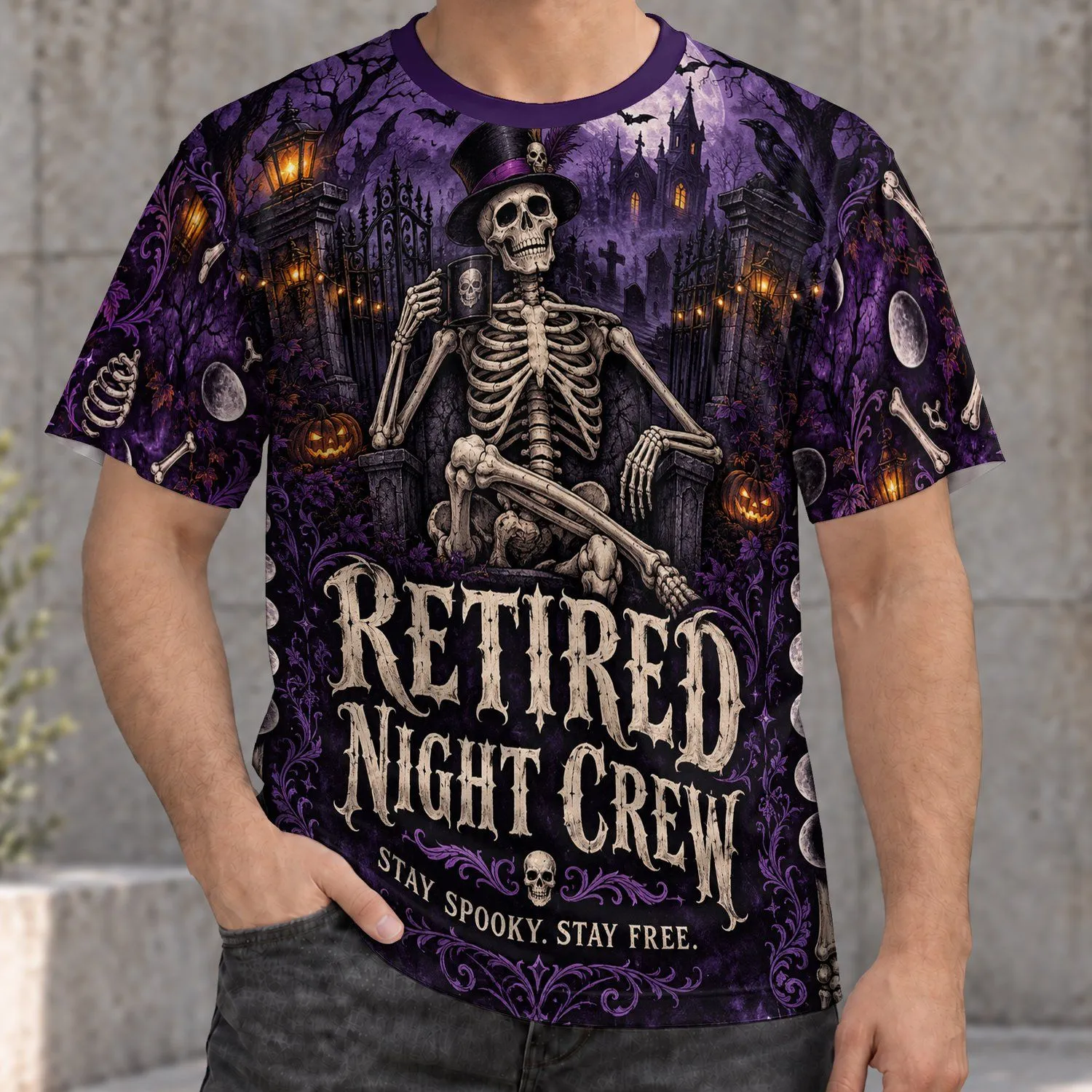 Gothic Skeleton Night Crew Scene for Spooky Halloween Evenings All-over Print Unisex T-shirt - 1