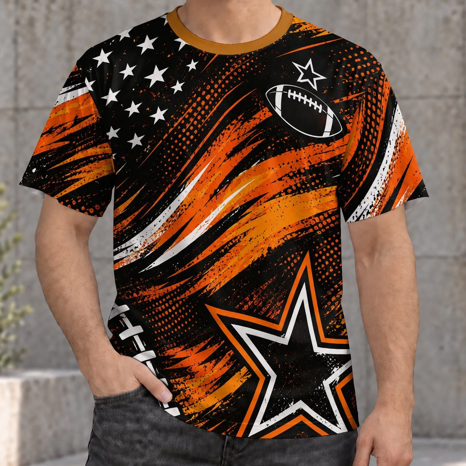 Amber Star And Football Motifs For Game Day Gatherings And Casual Weekend Wear All-over Print Unisex T-shirt - 1