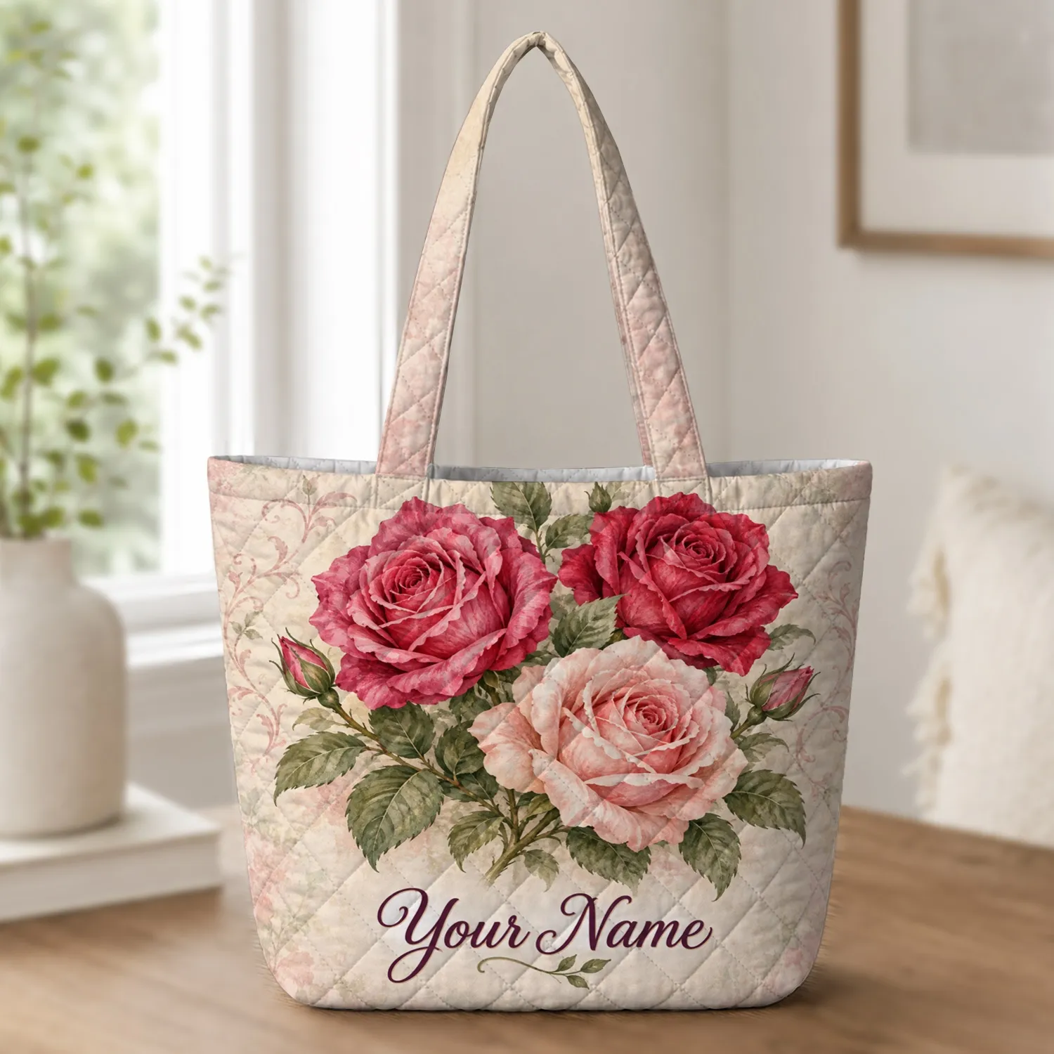 Vintage Pink Rose Bouquet for Garden Lovers, Summer Birthdays and Mother's Day Gift Quilted Tote Bag - 1
