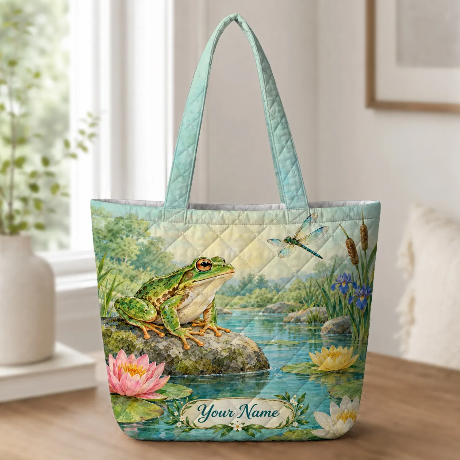 Green Frog And Dragonfly Pond Garden Gift For Nature Lovers Quilted Tote Bag - 1