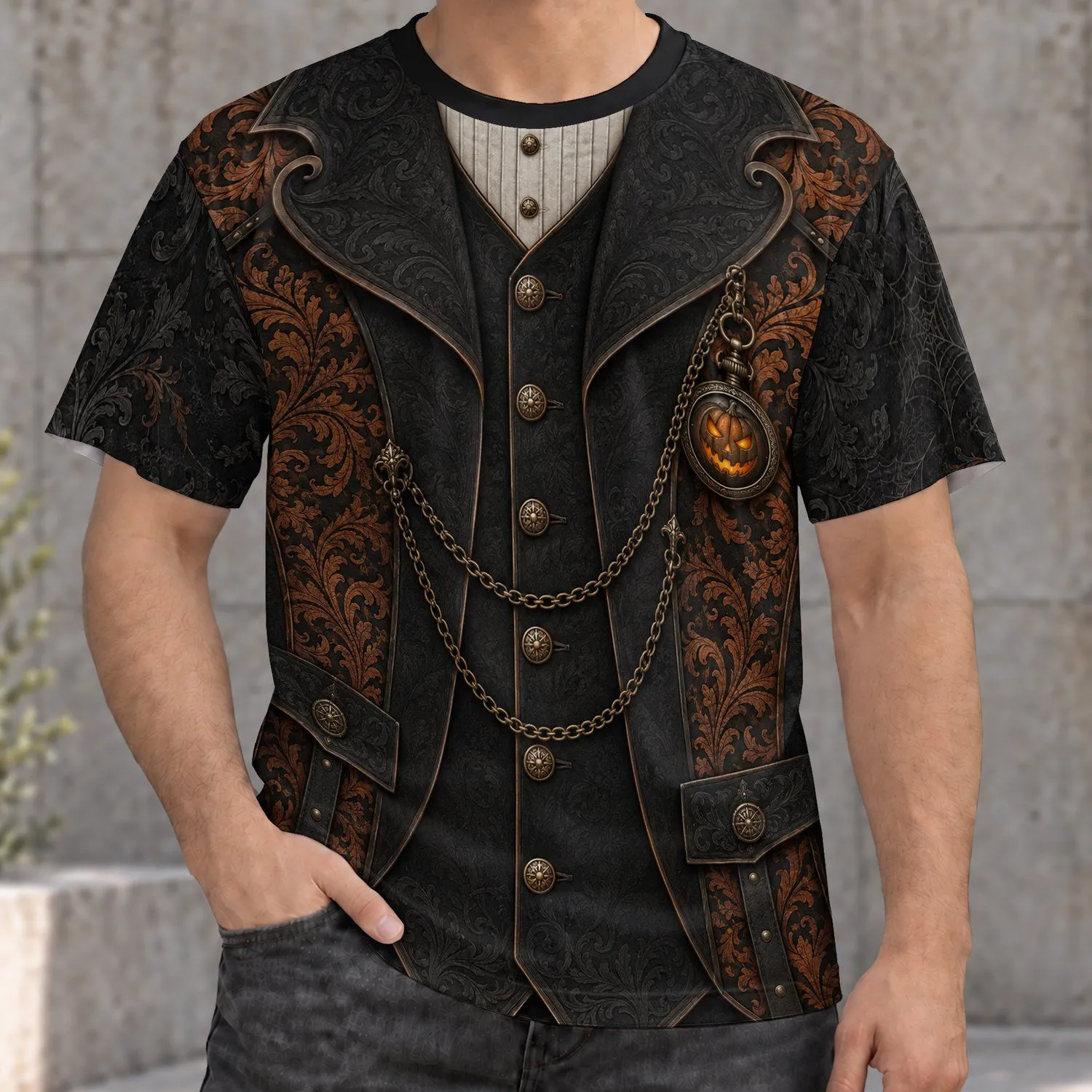 Steampunk Faux Vest with Pumpkin Pocket Watch for Halloween Parties and Cosplay Wear All-over Print Unisex T-shirt - 1