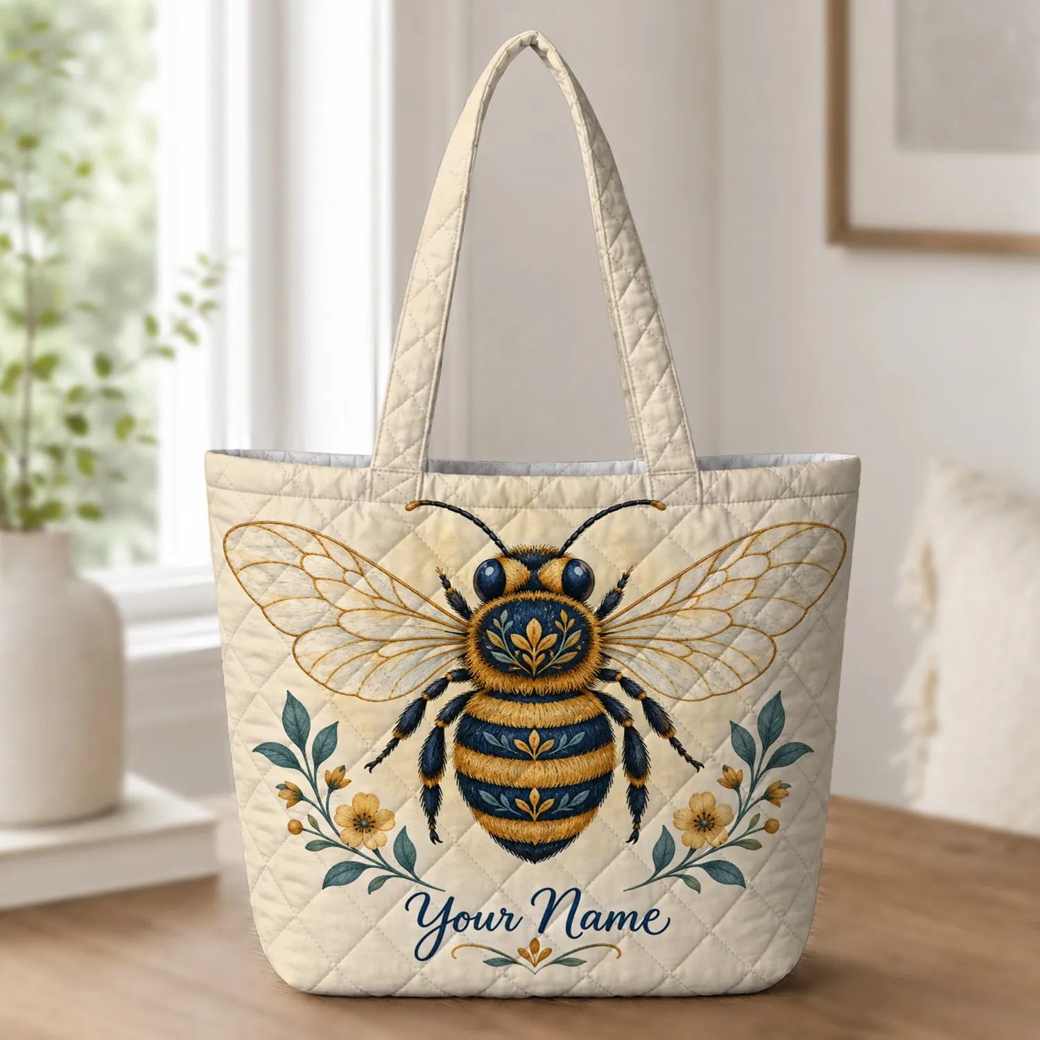 Honeybee With Golden Wings For Nature Lovers And Garden Days Quilted Tote Bag - 1