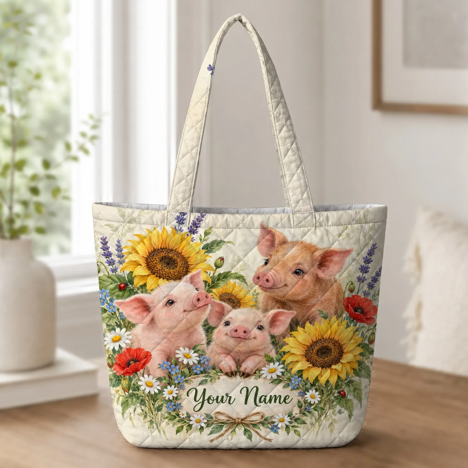 Three Pink Piglets Among Sunflowers for Garden Lovers and Birthday Gifting Quilted Tote Bag - 1