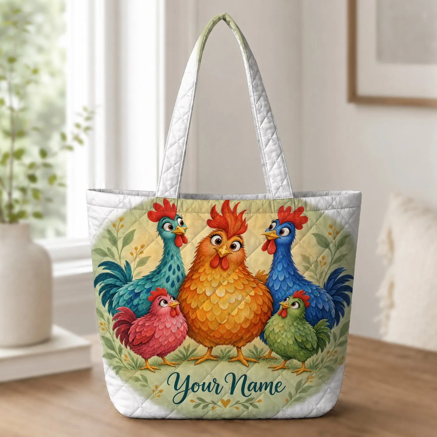 Colorful Funny Chicken Hen Gift for Farmhouse Kitchen Days and Backyard Chicken Lovers Quilted Tote Bag - 1
