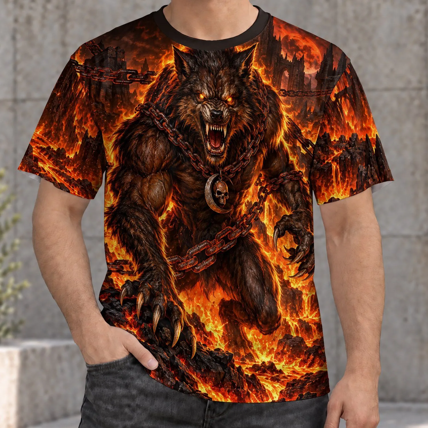 Fiery Werewolf And Chains For Halloween Nights, Concerts And Dark Fantasy Fans Everywhere All-over Print Unisex T-shirt - 1