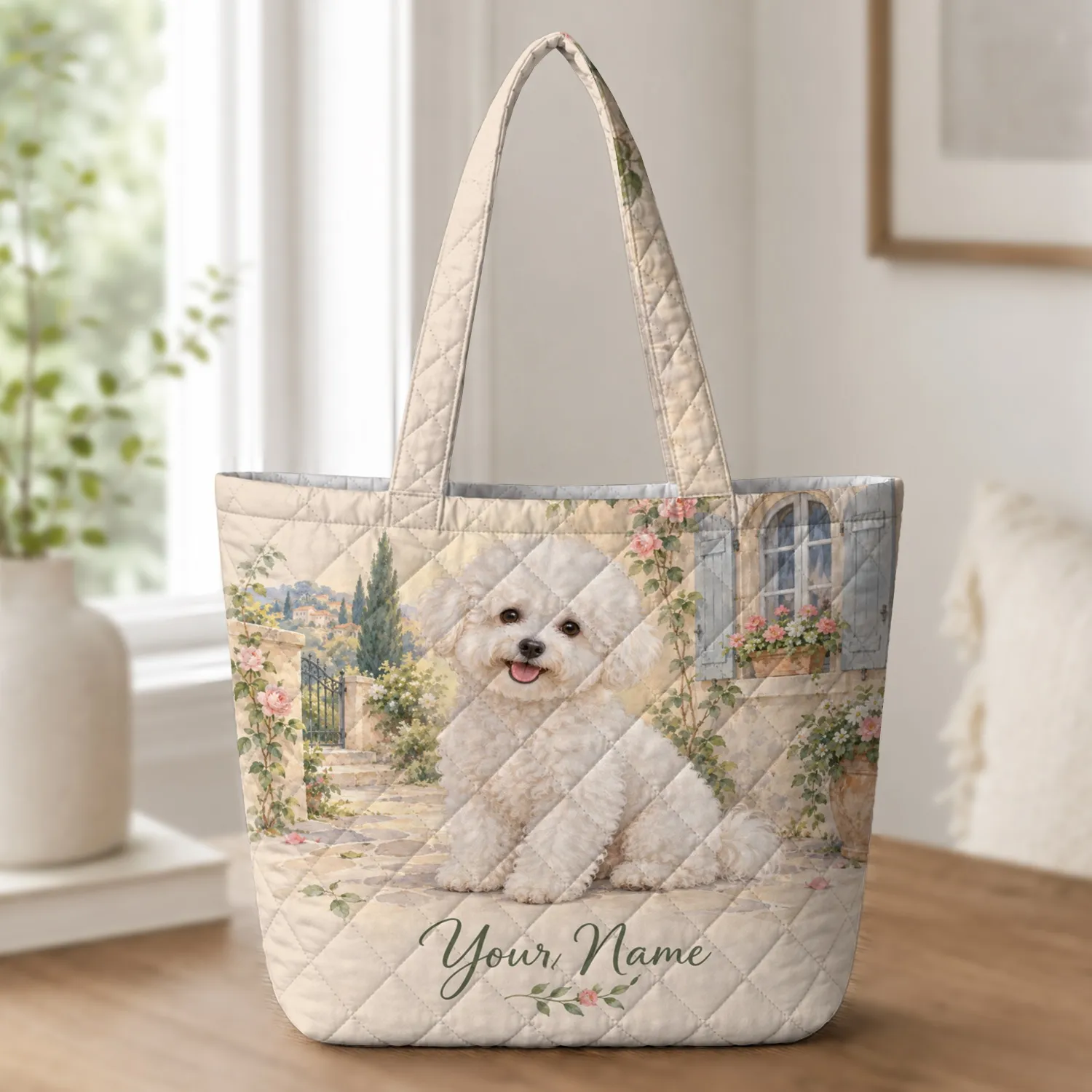 Fluffy Bichon Frise in Bloom for Dog Mom Gifts and Everyday Companion Style Lovers Quilted Tote Bag - 1