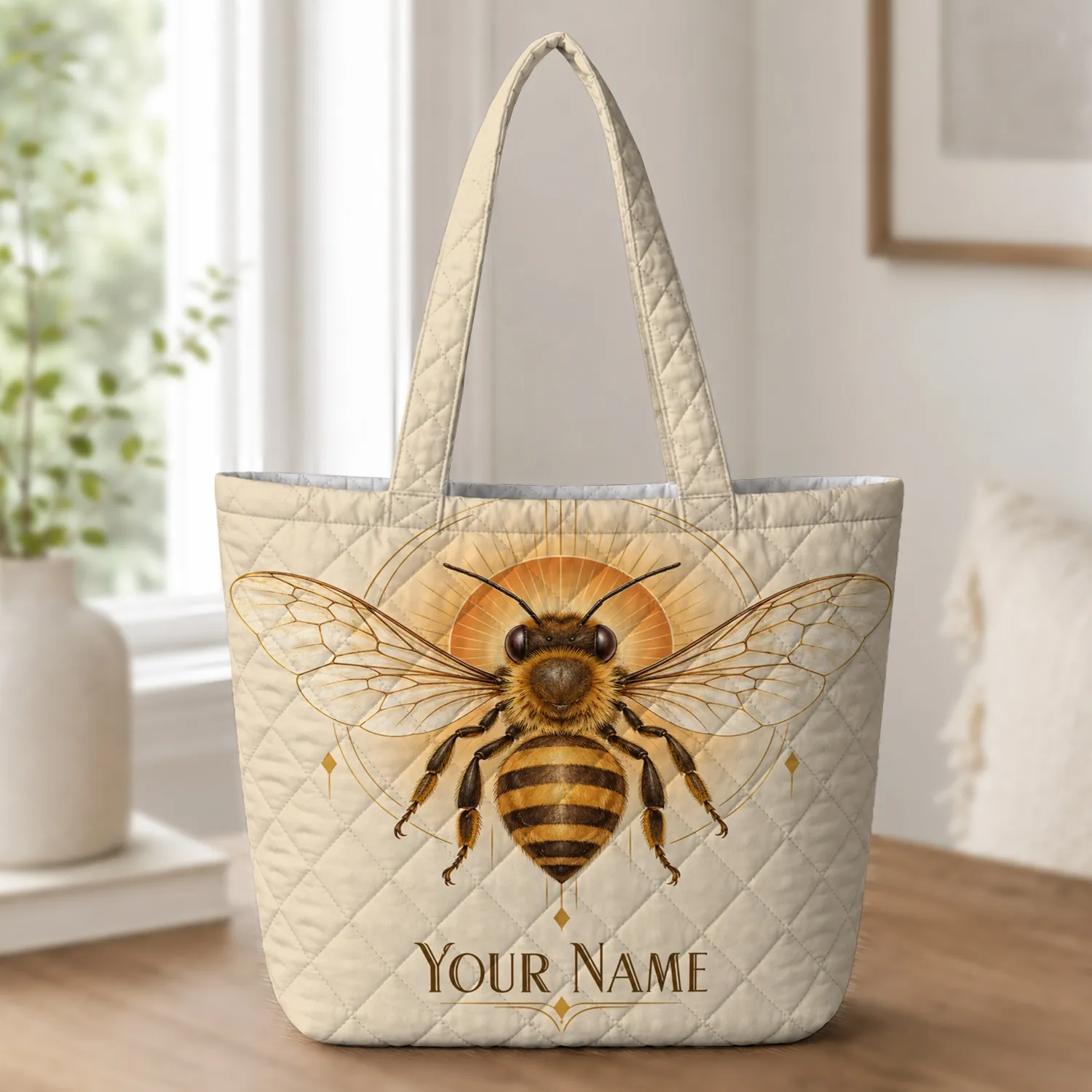 Art Deco Honeybee And Burnt Orange Accents For Nature Lovers And Spring Gifting Quilted Tote Bag - 1