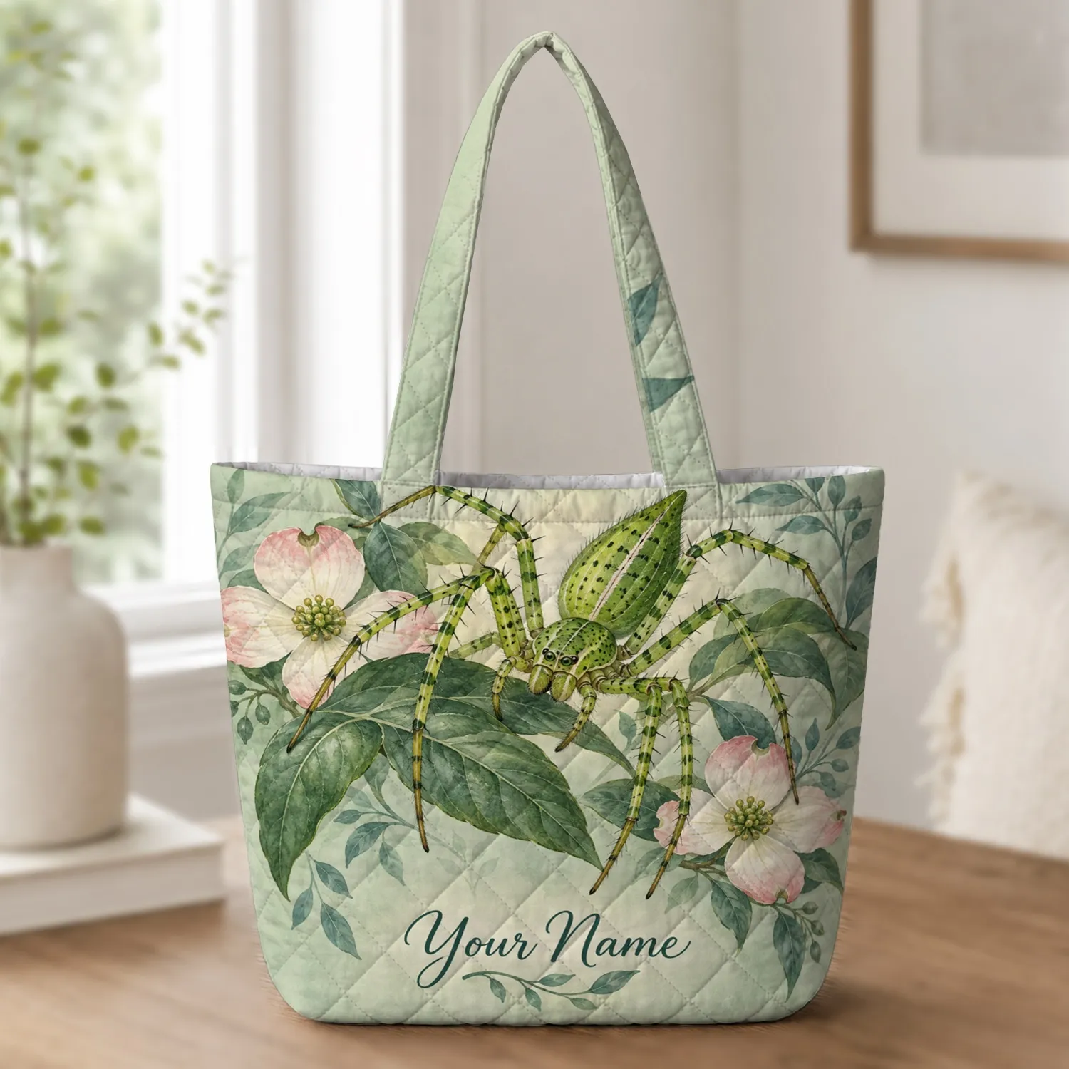 Green Lynx Spider Botanical Nature Accent for Garden Lovers and Insect Enthusiasts Quilted Tote Bag - 1