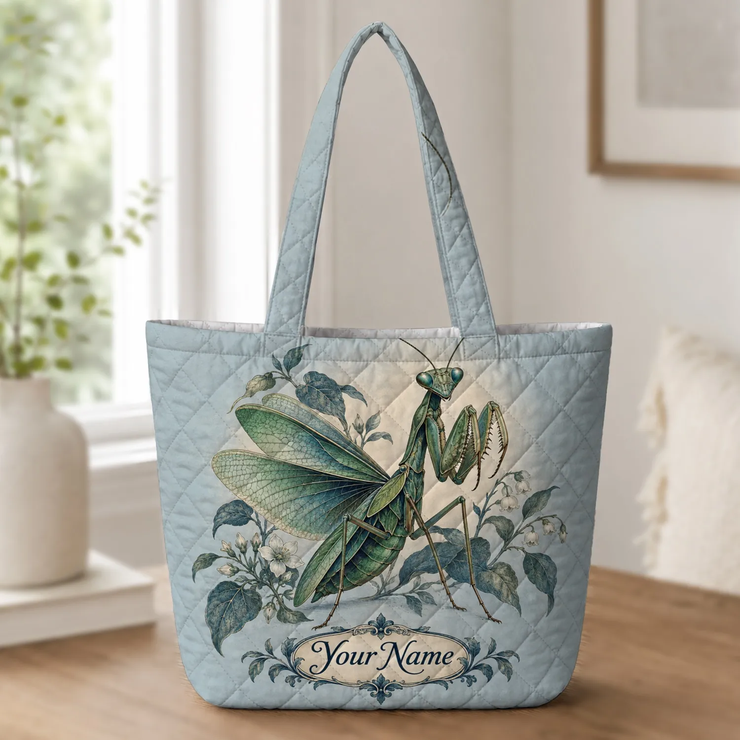 Praying Mantis Botanical Motif for Dark Academia Style and Nature Lover Gifts Quilted Tote Bag - 1