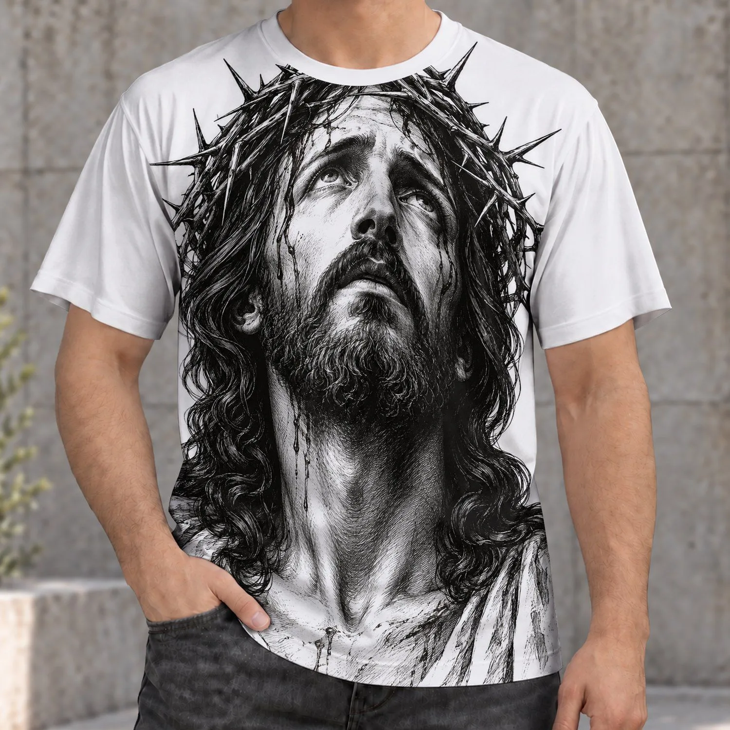Jesus Thorn-Crown Portrait for Church Worship and Everyday Christian Faith for Men All-over Print Unisex T-shirt - 1
