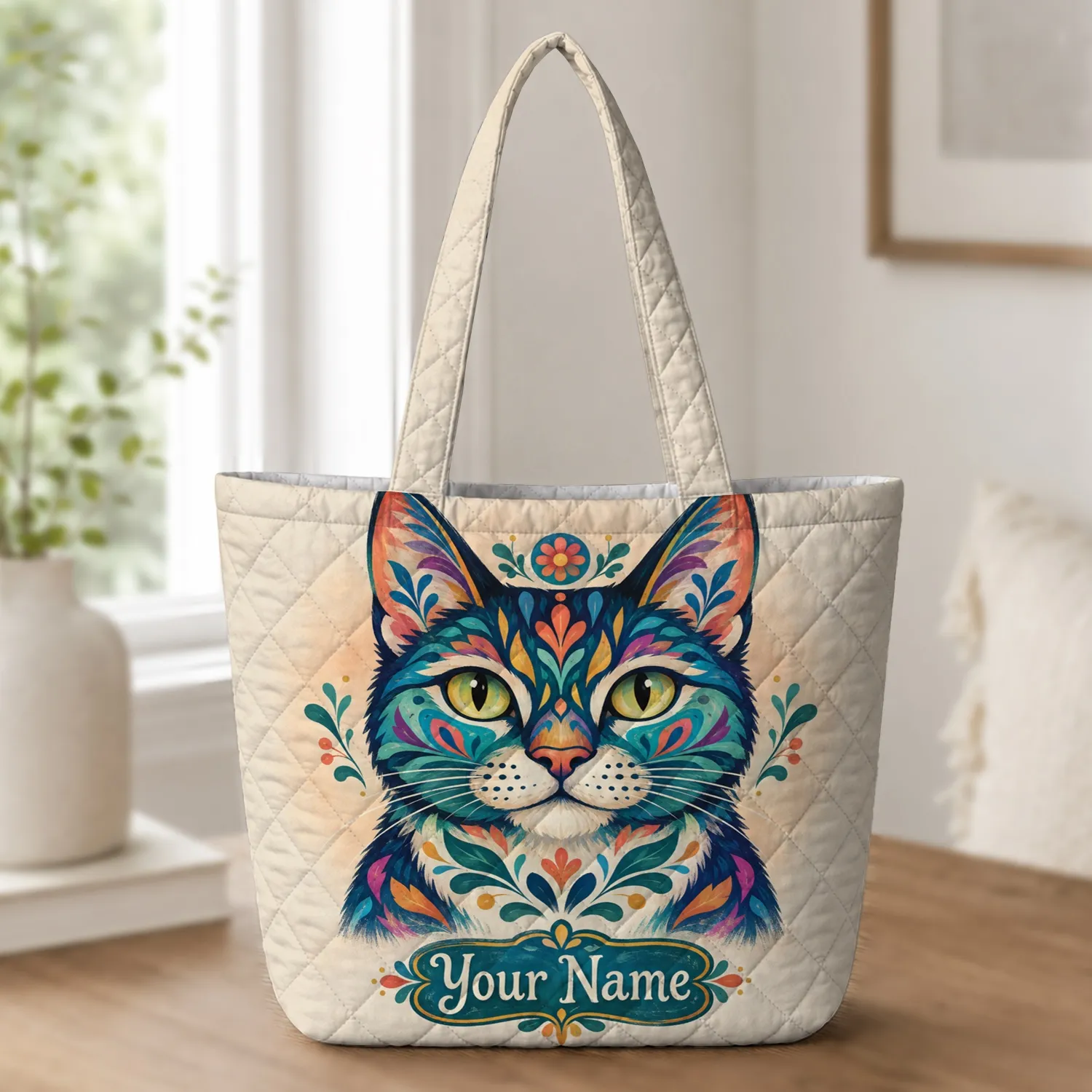 Colorful Folk Art Cat Face for Cozy Cat Lover Gifts and Everyday Errands Quilted Tote Bag - 1