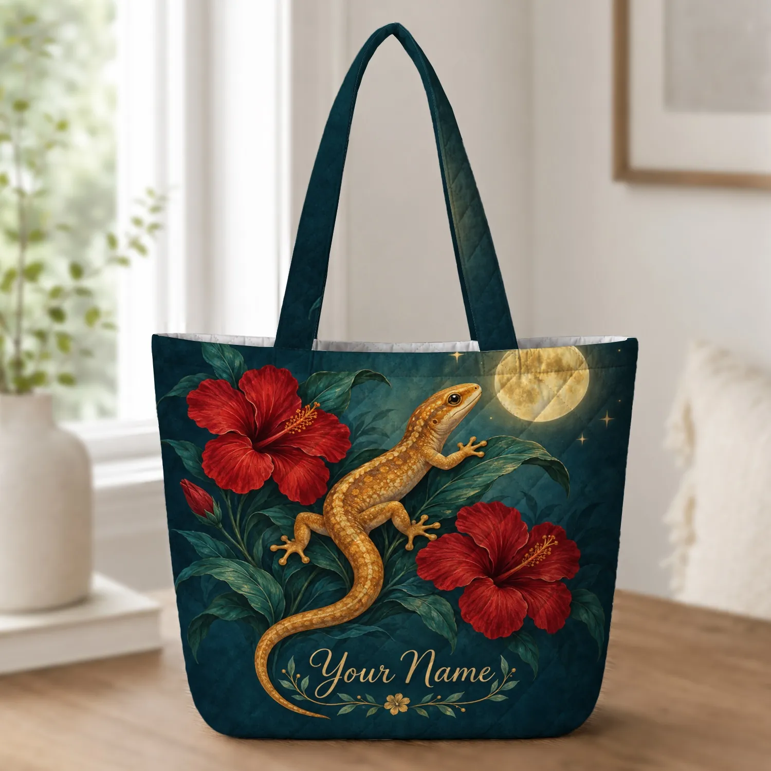 Celestial Salamander with Crimson Blooms for Whimsigoth Nature Lovers Cottagecore Quilted Tote Bag - 1