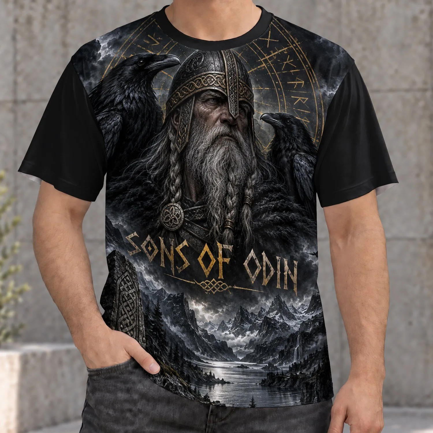 Norse Warrior and Raven Scene for Viking Heritage Fans and Bold Everyday Wear All-over Print Unisex T-shirt - 1
