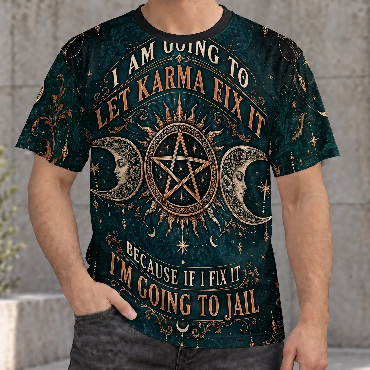 Teal Triple Moon Pentagram Halloween Gothic Witchy Style for Spooky Season All-over Print Unisex T-shirt - 1