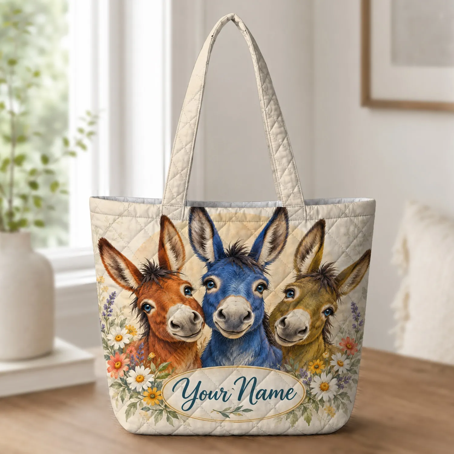 Colorful Donkey and Wildflowers for Farm Days, Garden Strolls and Donkey Lovers Gift Quilted Tote Bag - 1