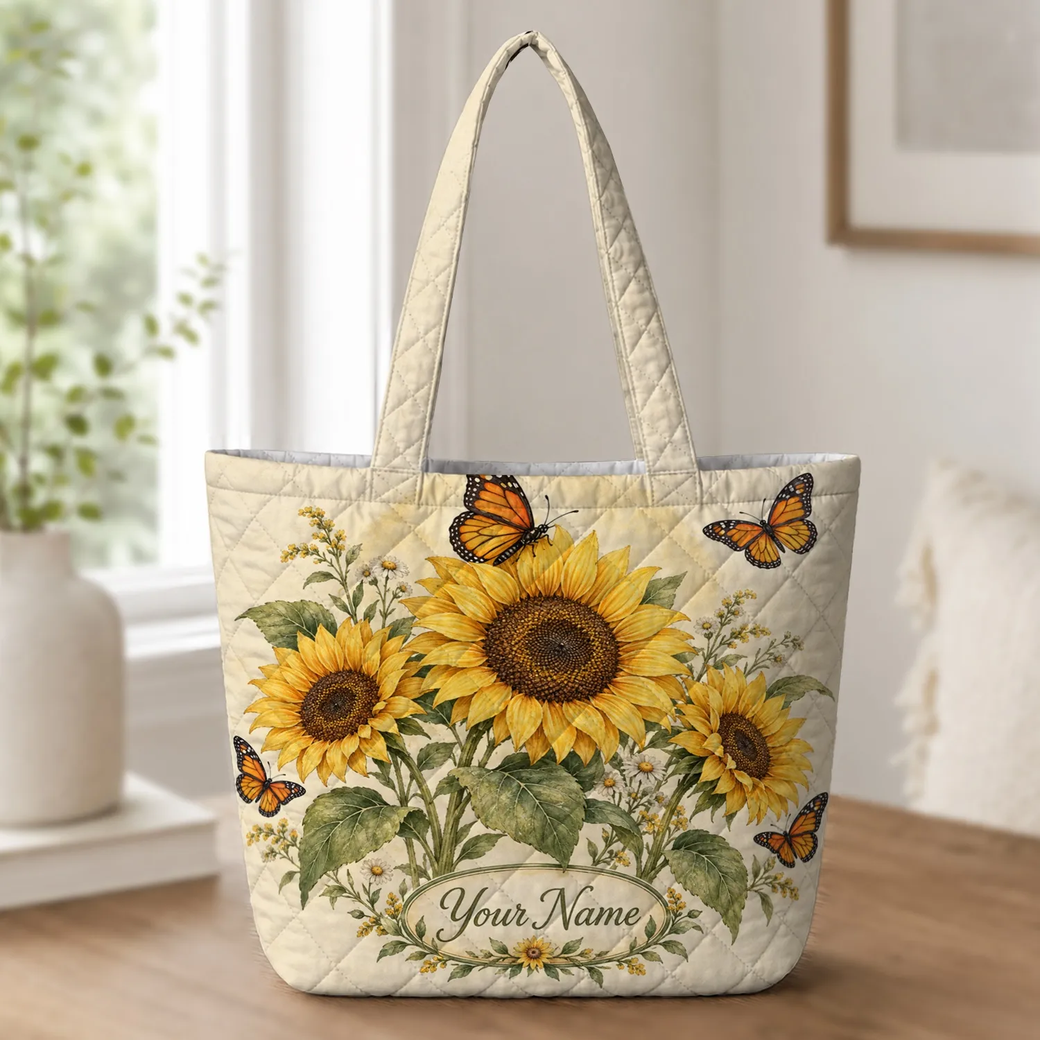 Sunflowers And Monarch Butterflies For Garden Lovers And Summer Gifting Quilted Tote Bag - 1