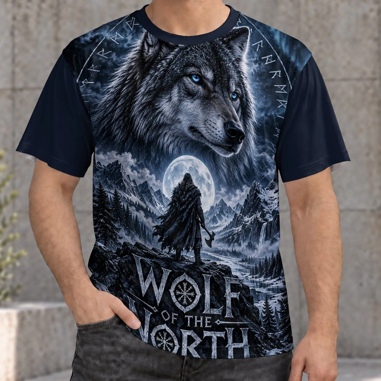 Moonlit Viking Wolf And Mountain Wilderness For Norse Myth Lovers All-over Print Unisex T-shirt - 1