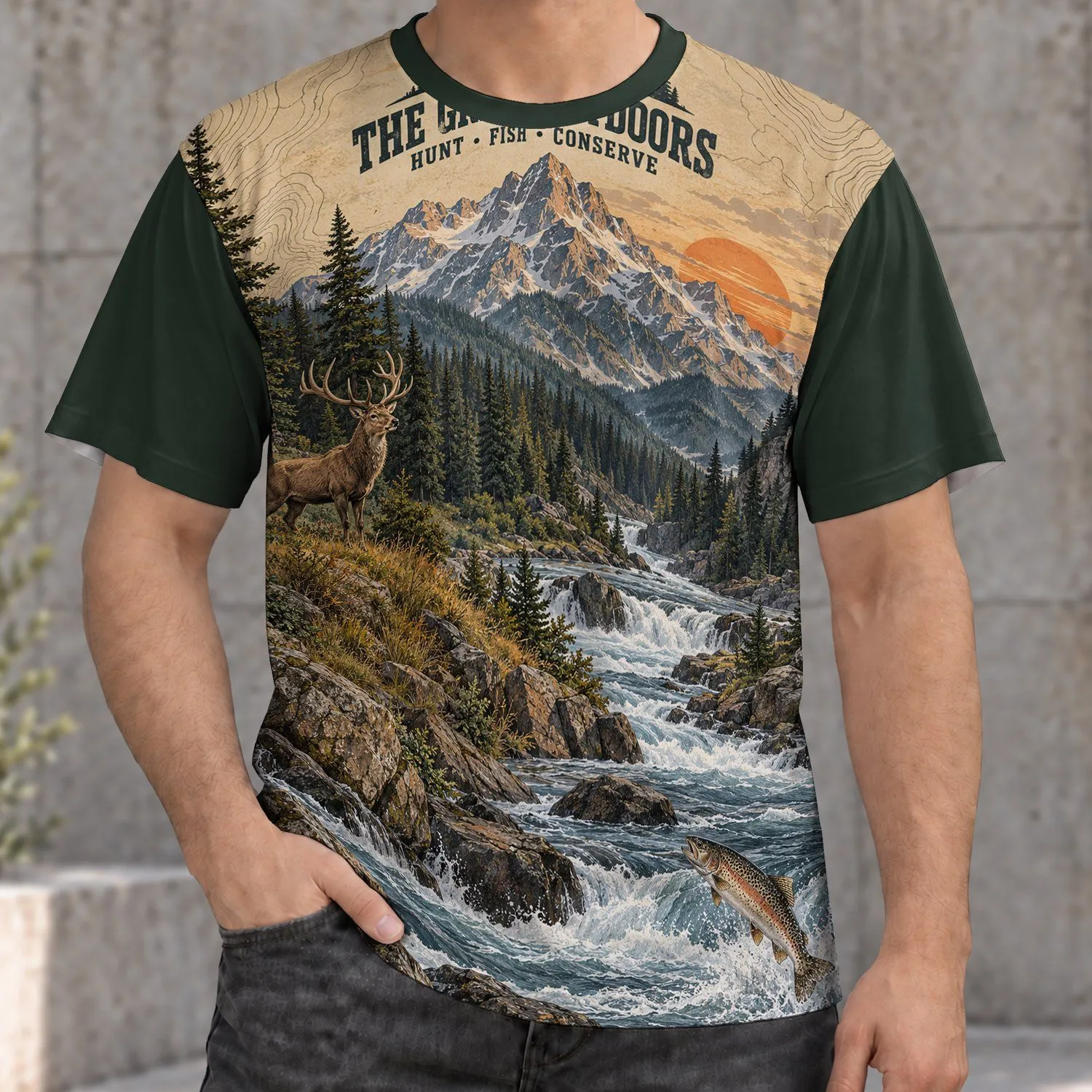 Alpine River Deer And Leaping Trout For Fishing And Hunting Outdoor Adventures All-over Print Unisex T-shirt - 1