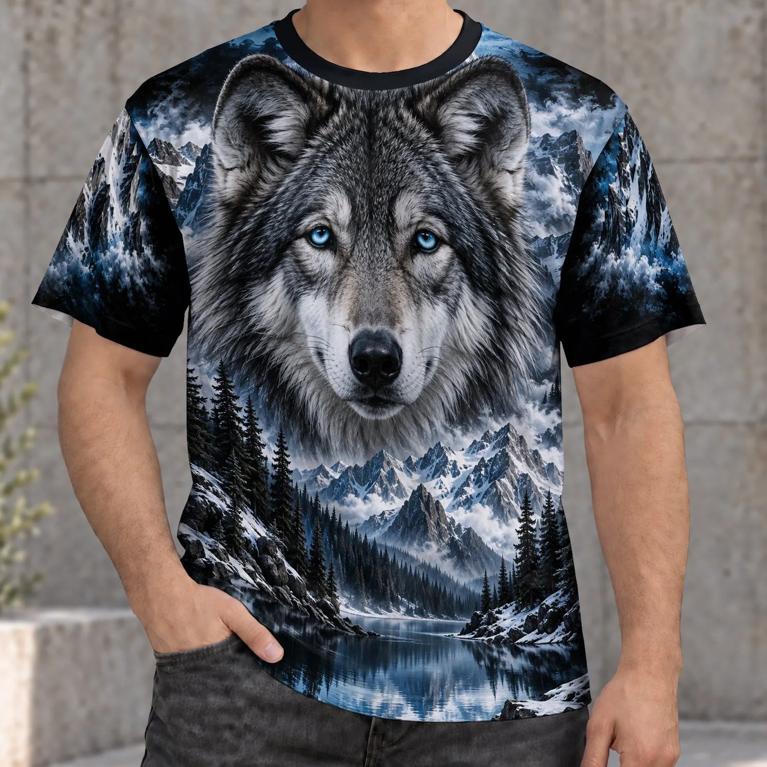 Gray Wolf and Snowy Mountains for Outdoor Hiking and Wilderness Adventures All-over Print Unisex T-shirt - 1