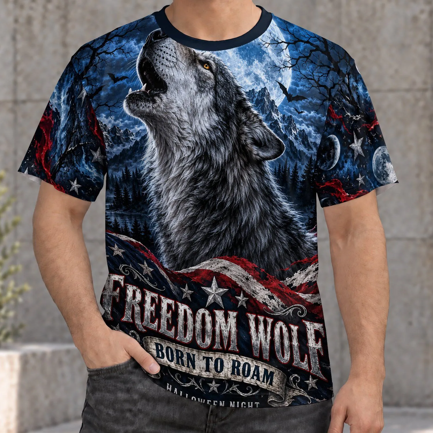 Howling Wolf Beneath Full Moon for Wild Outdoor Nights and Freedom Loving Men Camping All-over Print Unisex T-shirt - 1