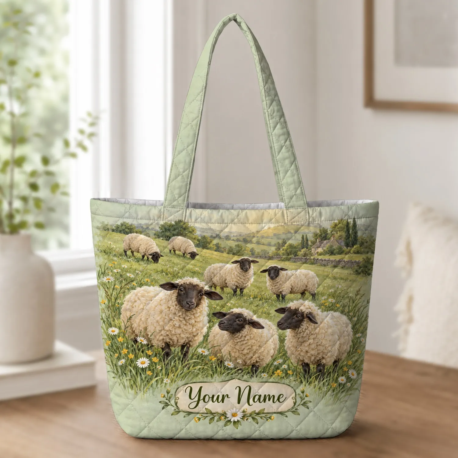Pastoral Sheep in a Wildflower Meadow for Cottagecore Farmhouse Gift Giving, Nature Lovers Quilted Tote Bag - 1