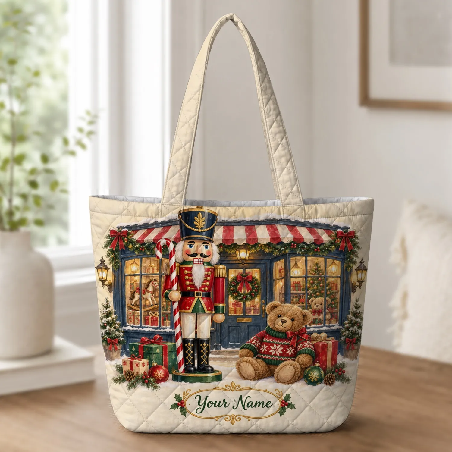 Nutcracker Christmas Shop Scene for Holiday Market Visits and Festive Gift Giving Quilted Tote Bag - 1
