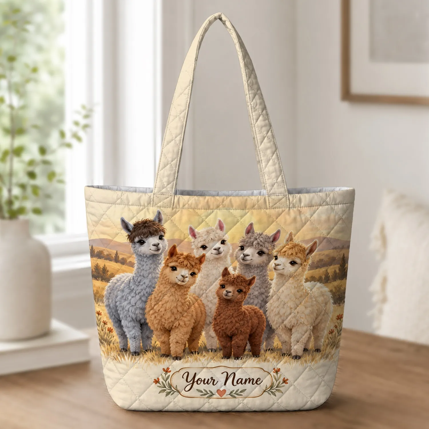 Alpaca Family at Golden Sunset for Cozy Farm Days and Nature-Loving Animal Lovers Quilted Tote Bag - 1