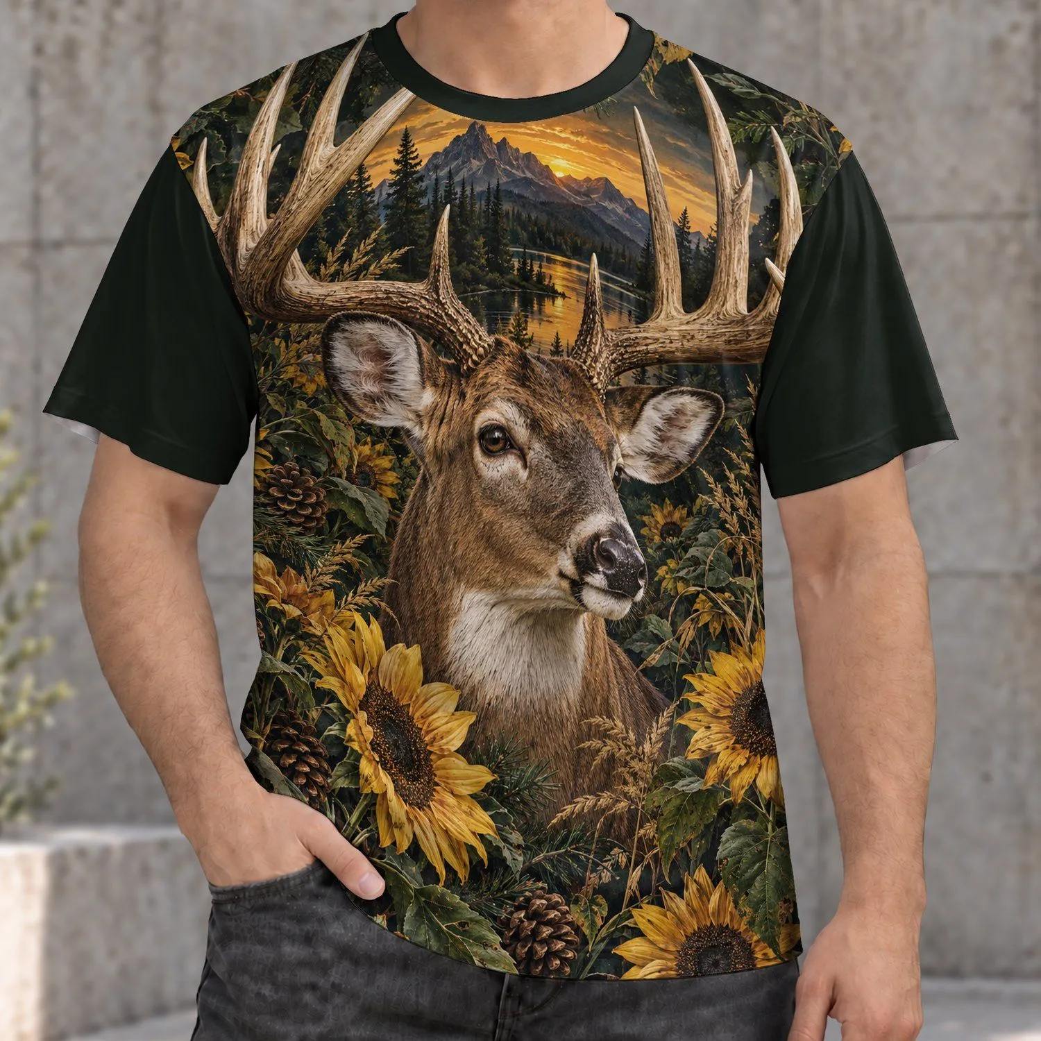 Whitetail Deer Sunflower Woodland Scene for Rustic Cabin Outdoor Living Gift All-over Print Unisex T-shirt - 1