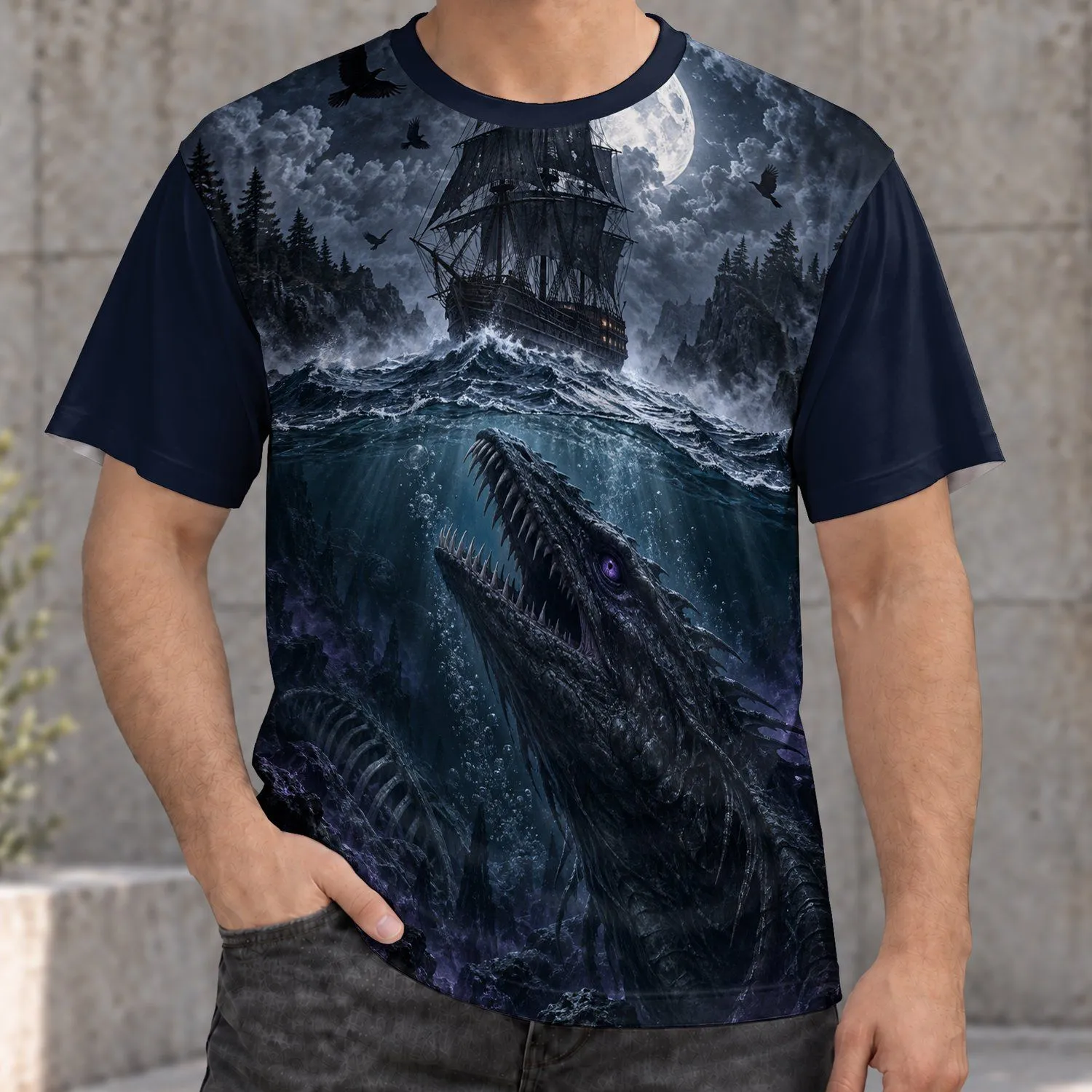 Haunted Ship and Sea Monster for Dark Fantasy Nights and Coastal Adventures All-over Print Unisex T-shirt - 1