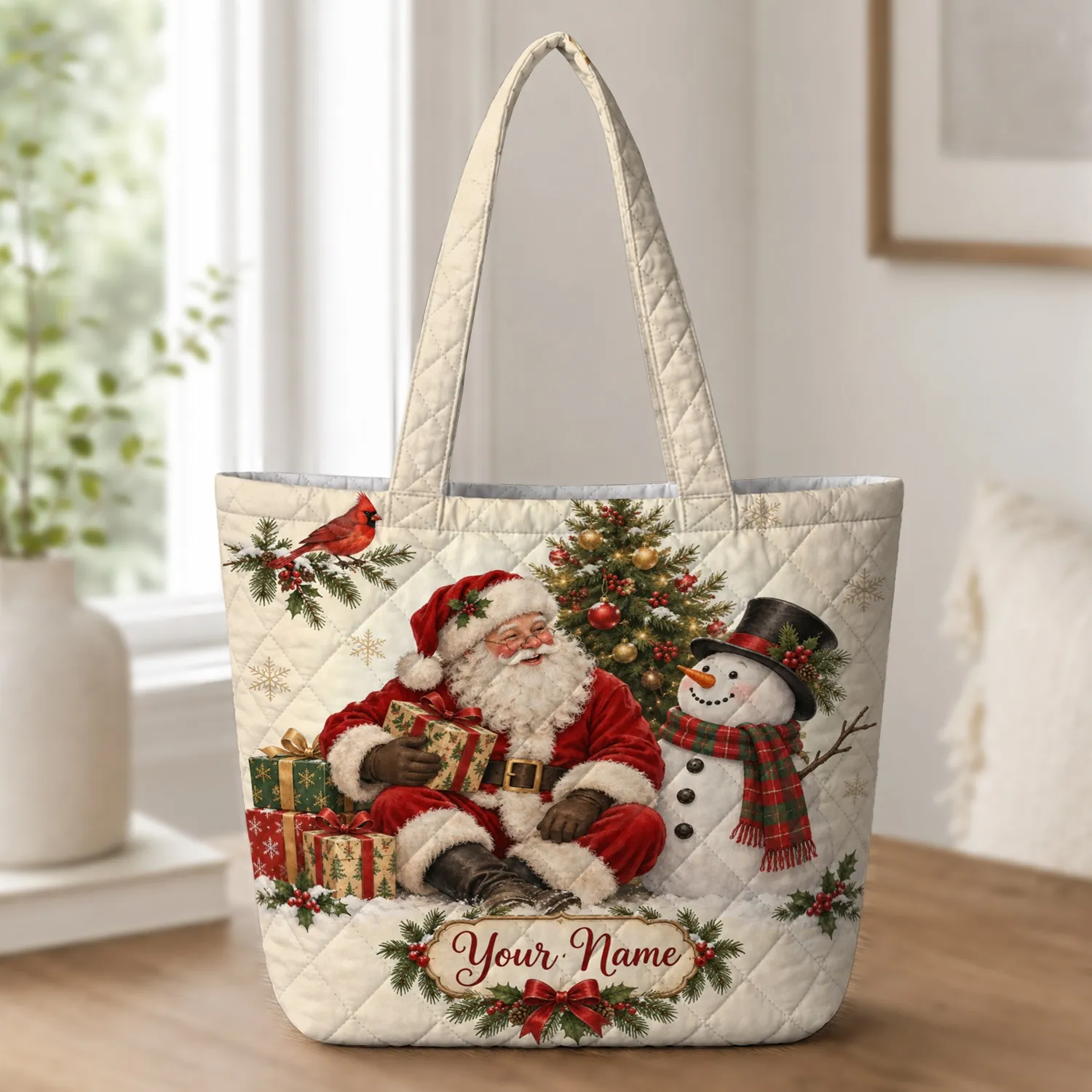 Santa Snowman Christmas Tree and Cardinal Holiday Cheer for Cozy Winter Gift Giving Quilted Tote Bag - 1