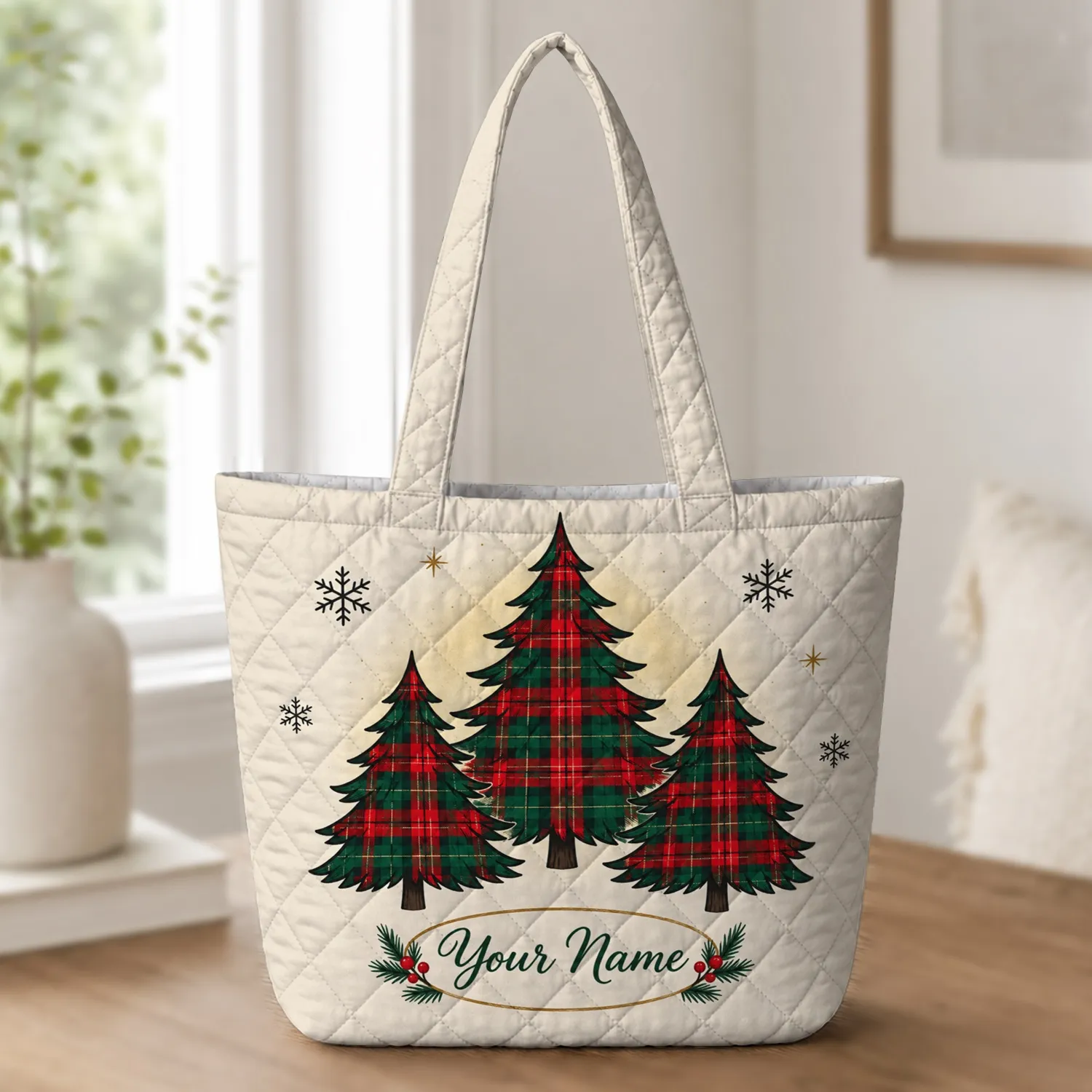 Christmas Tree Cardigan Tartan Holiday Trees for Cozy Winter Celebrations Quilted Tote Bag - 1
