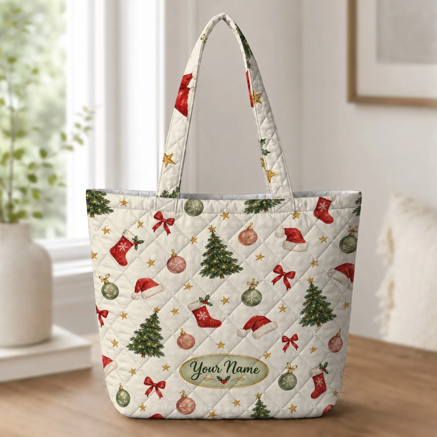 Christmas Tree and Santa Hat Motifs for Cozy Winter Holiday Celebrations at Home Quilted Tote Bag - 1