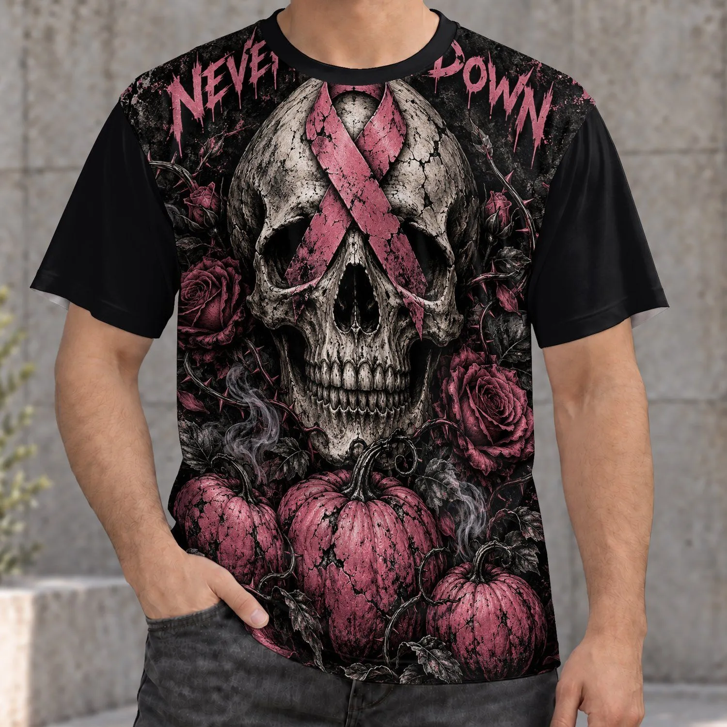Pink Ribbon Skull And Pumpkin Halloween Awareness Style For Gothic October Fans All-over Print Unisex T-shirt - 1