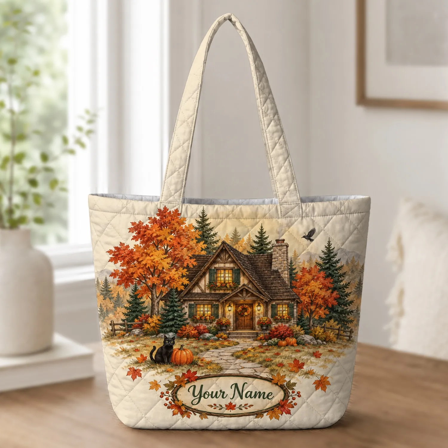 Autumn Cottage, Black Cat and Pumpkins for Cozy Fall Halloween Outings Quilted Tote Bag - 1