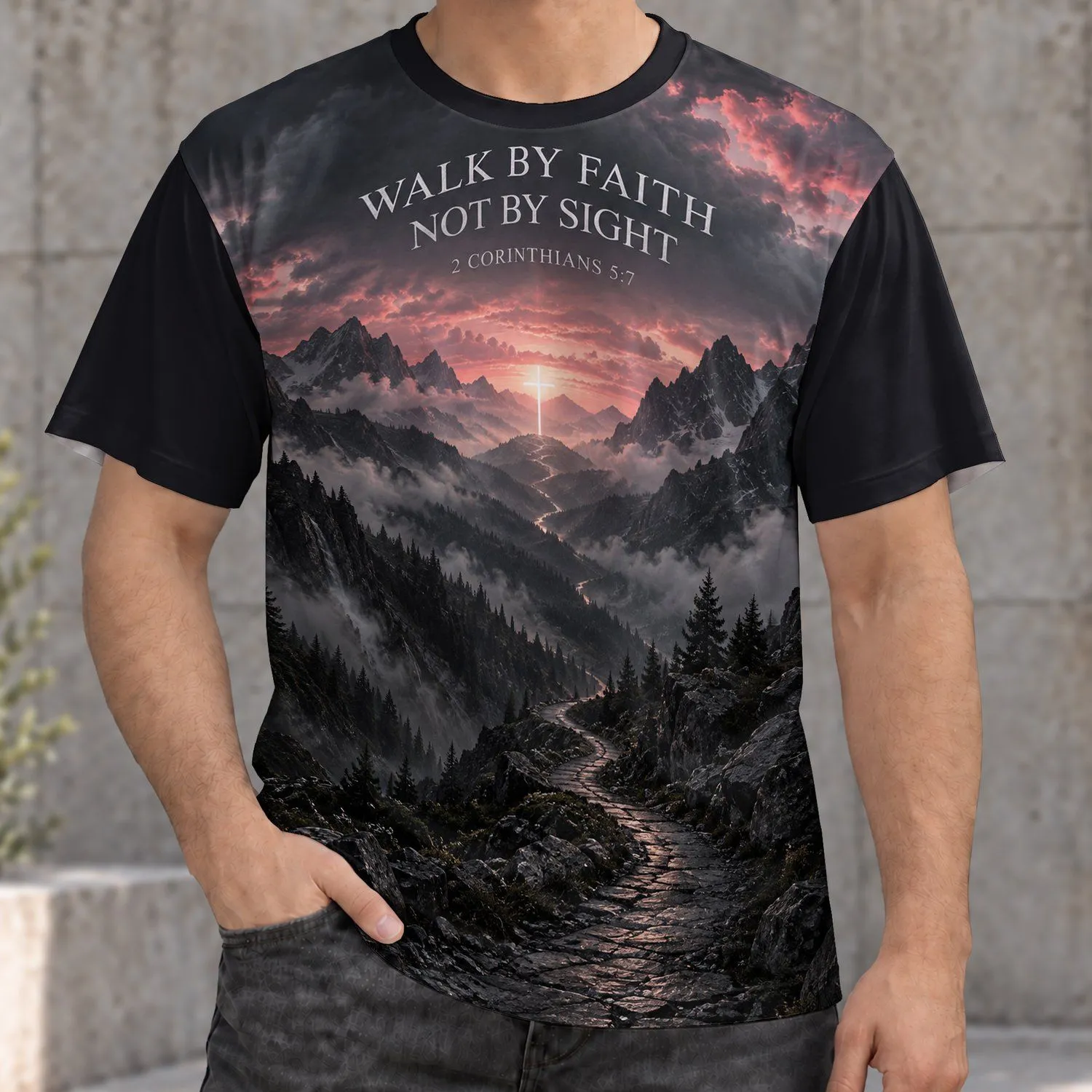 Mountain Cross Faith Scripture for Worship, Outdoor Reflection and Christian Men Gift All-over Print Unisex T-shirt - 1