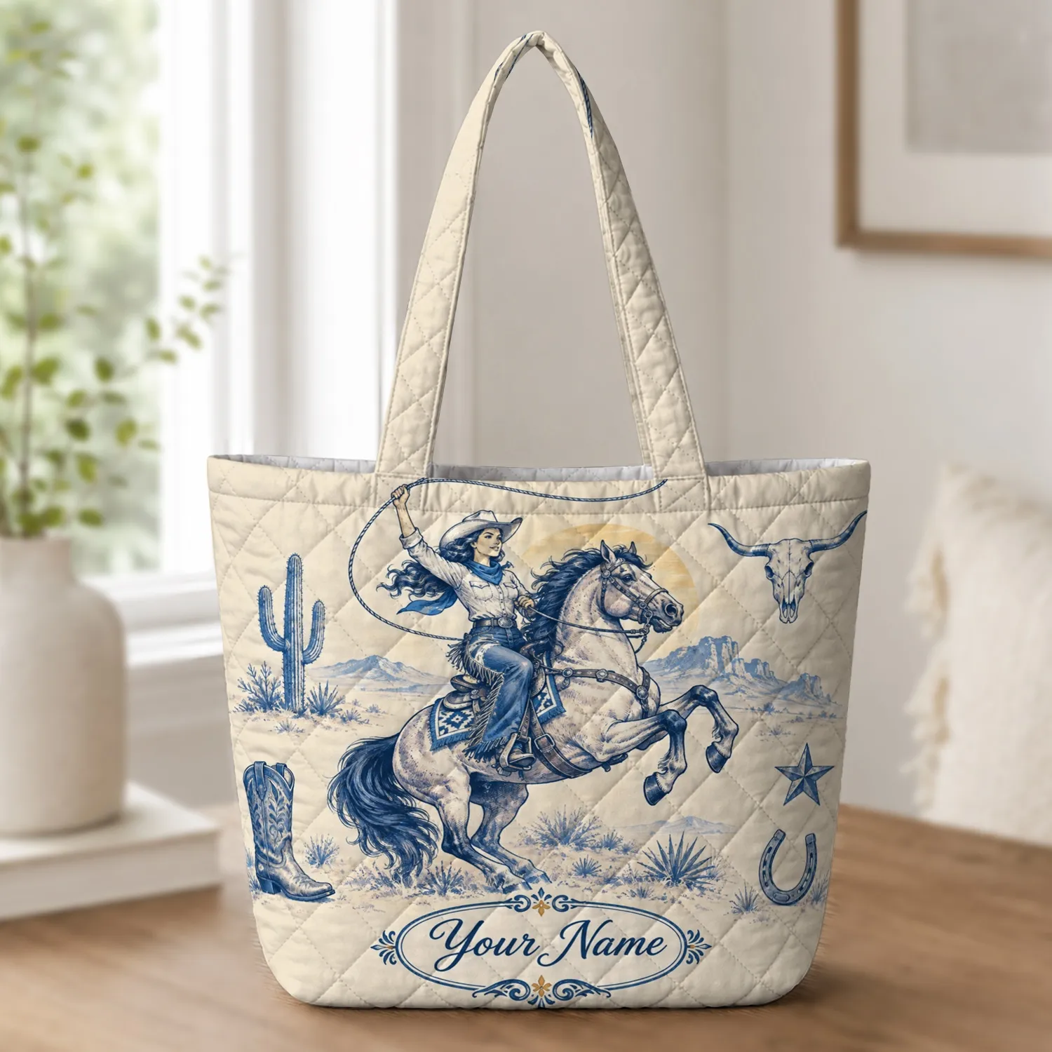 Blue Cowgirl On Rearing Horse For Ranch Days And Western Style Gift Quilted Tote Bag - 1