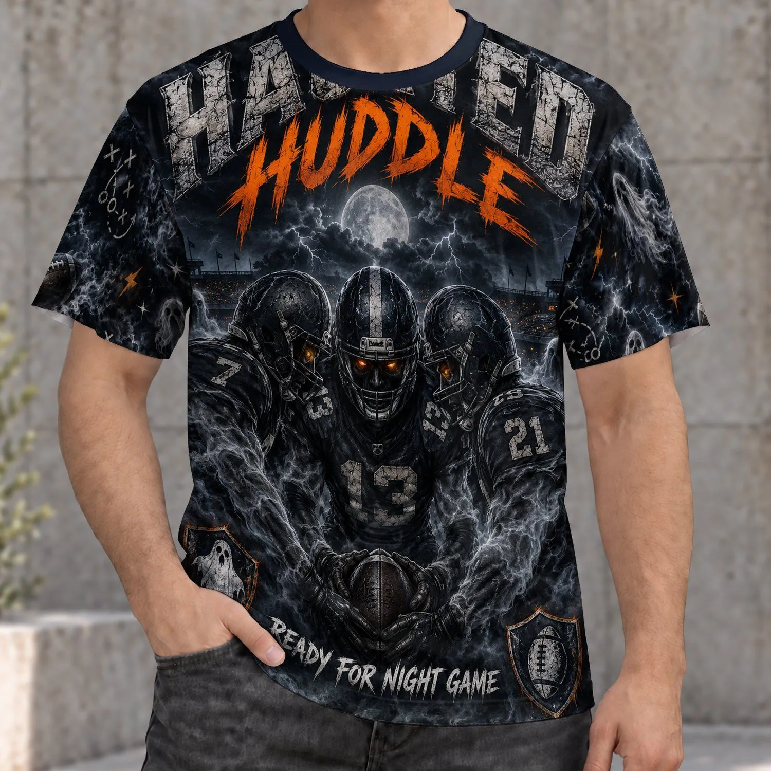 Haunted Football Huddle with Ghostly Players for Halloween Game Night Fans All-over Print Unisex T-shirt - 1