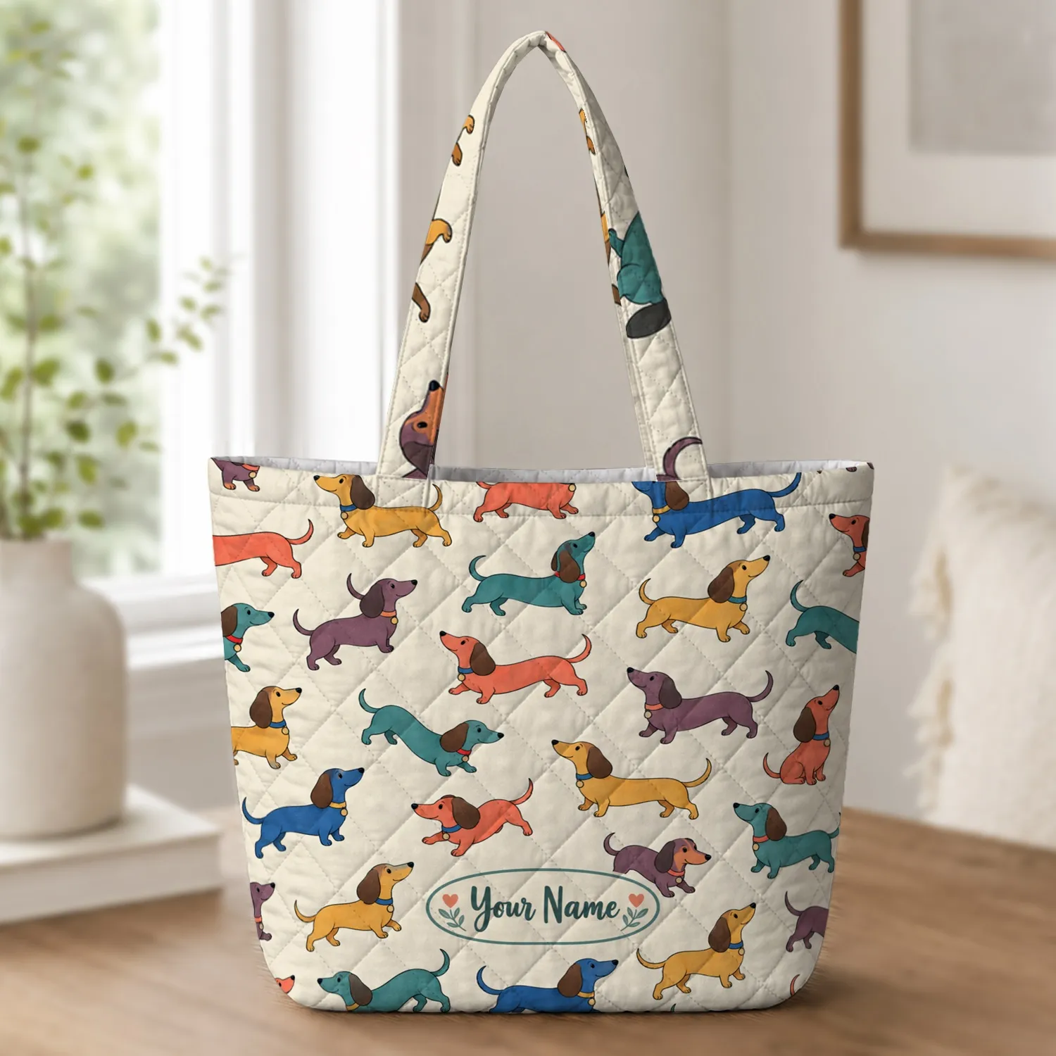Colorful Dachshund Dogs for Cozy Pet Lover Style and Everyday Gifts for Dog Moms Quilted Tote Bag - 1